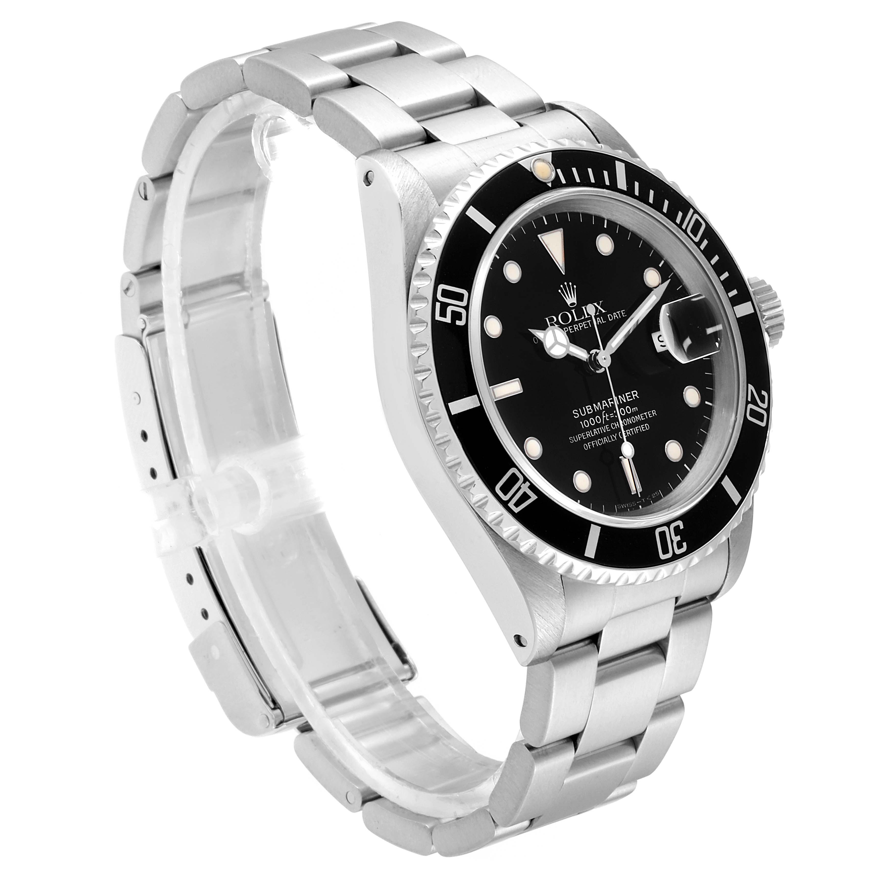 The image shows a side angle view of a Rolex Submariner 16610 Men
s Stainless Steel Black Dial 16610 Men
s Stainless Steel Black Dial, highlighting its bezel, dial, and bracelet.