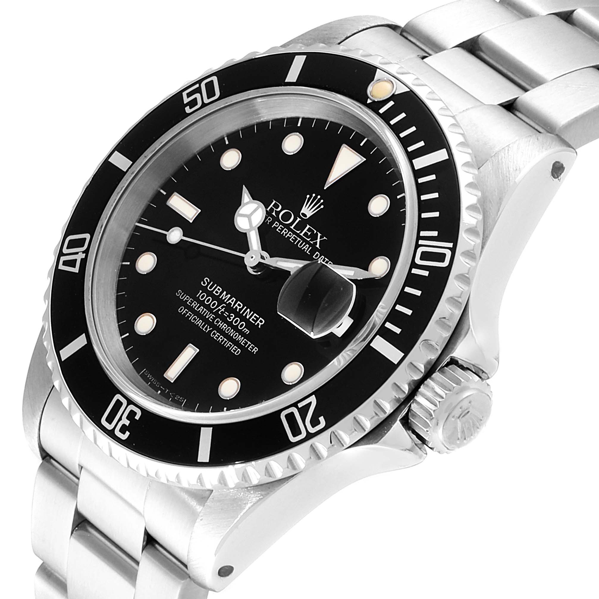 The image shows a close-up of the Rolex Submariner 16610 Men
s Stainless Steel Black Dial 16610 Men
s Stainless Steel Black Dial watch, highlighting the dial, bezel, crown, and part of the bracelet.