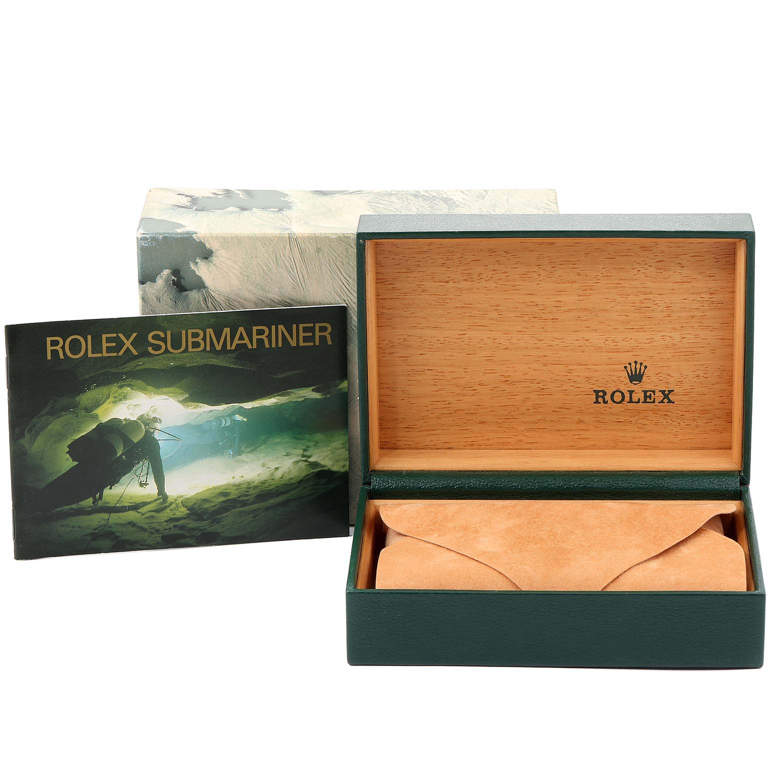 The image shows a Rolex Submariner 16610 Men
s Stainless Steel Black Dial 16610 Men
s Stainless Steel Black Dial watch box and manual from a slightly elevated front angle.