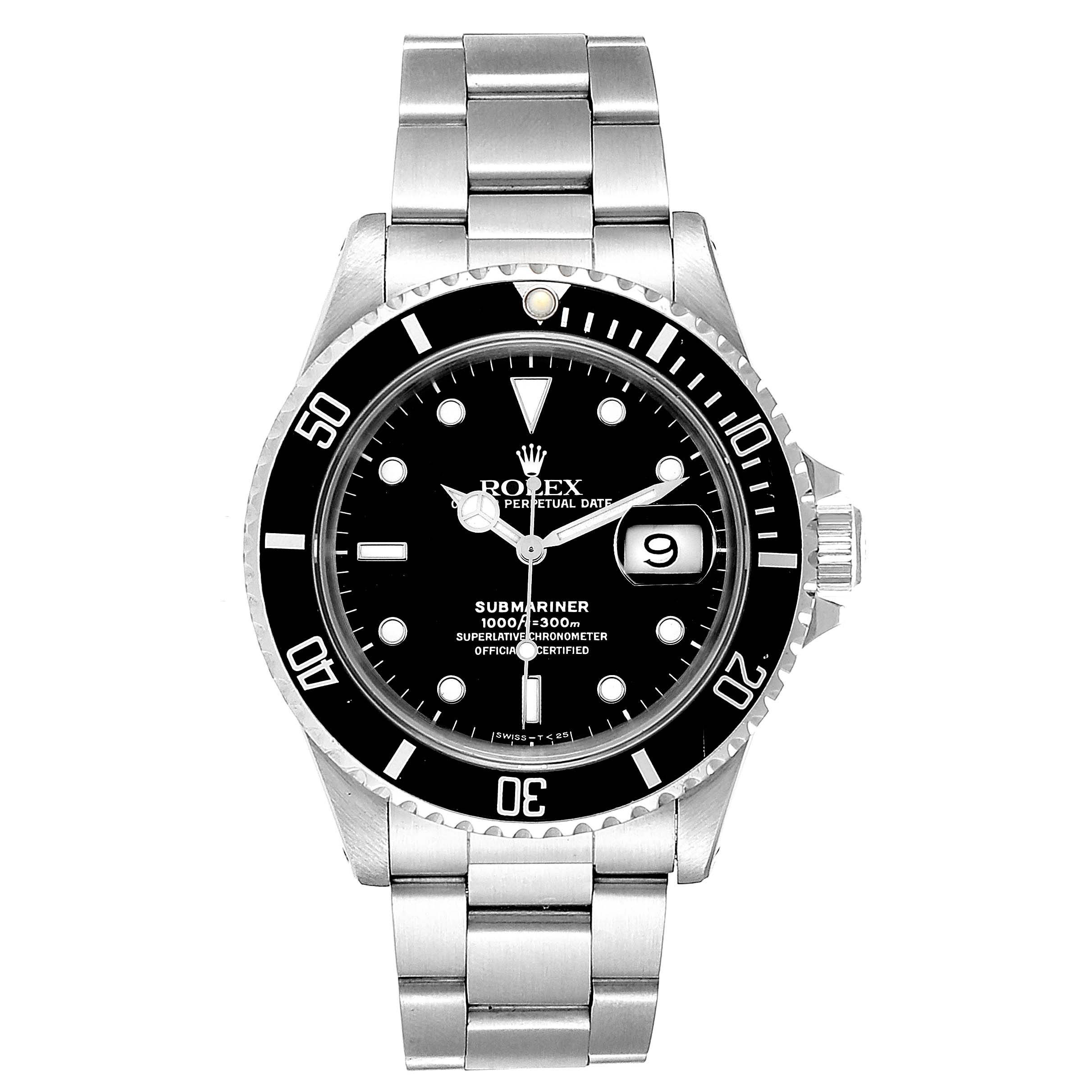 The image shows a frontal view of a Rolex Submariner 16610 Men
s Stainless Steel Black Dial 16610 Men
s Stainless Steel Black Dial watch, highlighting the dial, bezel, case, and bracelet.