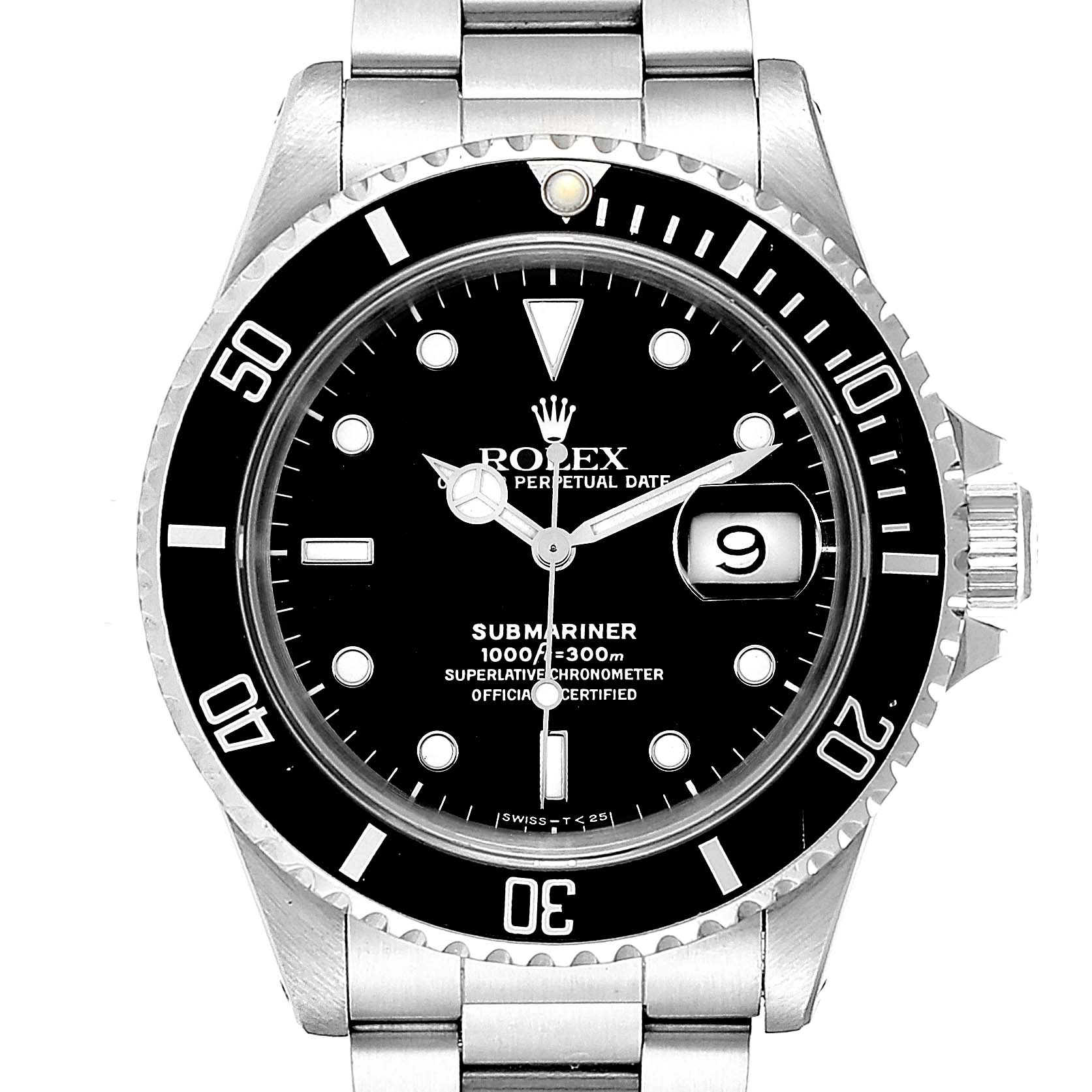 The image shows a front view of a Rolex Submariner 16610 Men
s Stainless Steel Black Dial 16610 Men
s Stainless Steel Black Dial watch displaying its face, bezel, crown, and part of the metal bracelet.