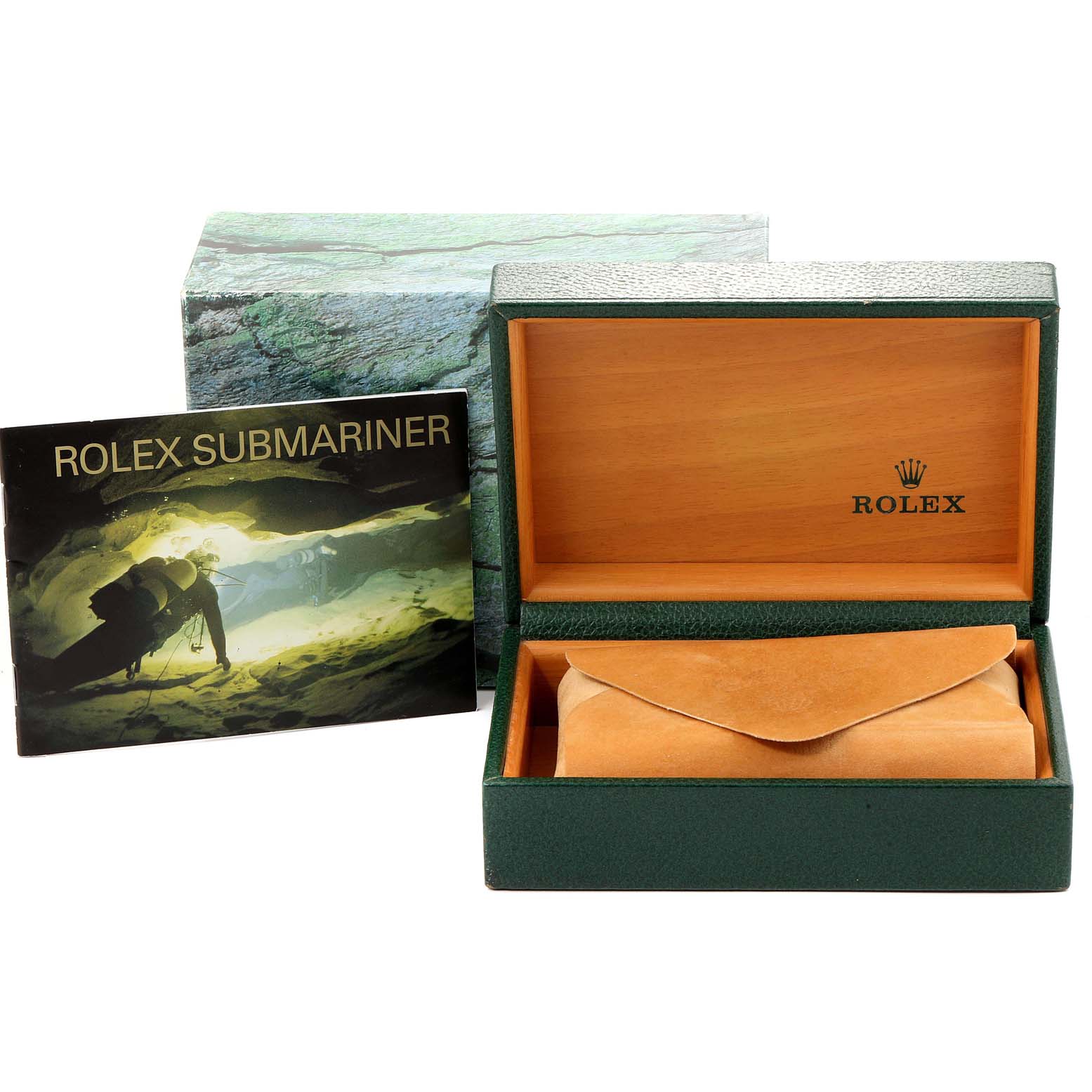 The image shows a Rolex Submariner 16610 Men
s Stainless Steel Black Dial 16610 Men
s Stainless Steel Black Dial watch box and an accompanying booklet featuring the model
s name.