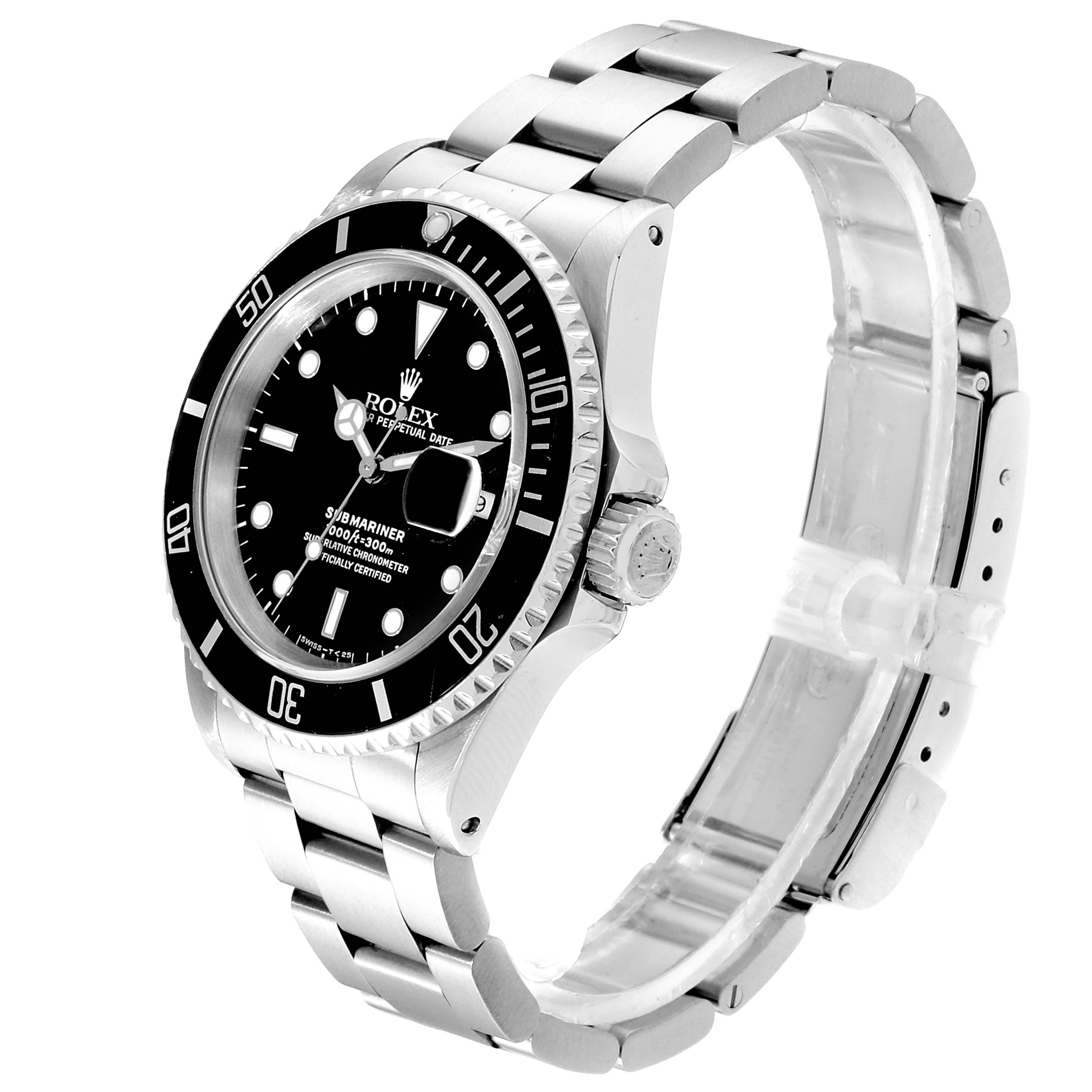 The image shows a side and front angle of a Rolex Submariner 16610 Men
s Stainless Steel Black Dial 16610 Men
s Stainless Steel Black Dial watch, highlighting its bezel, dial, crown, and bracelet.