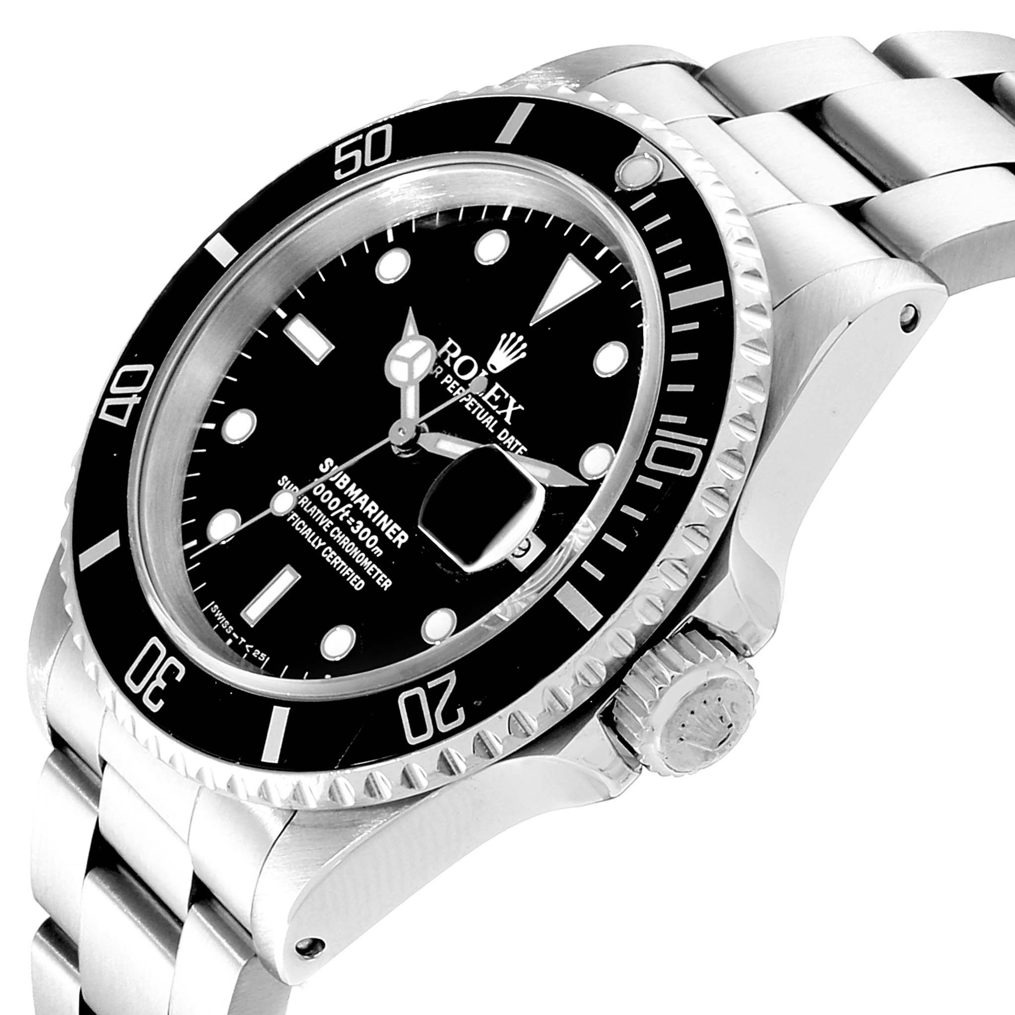 The image shows a Rolex Submariner 16610 Men
s Stainless Steel Black Dial 16610 Men
s Stainless Steel Black Dial watch at a slight angle, displaying the face, bezel, crown, and part of the bracelet.