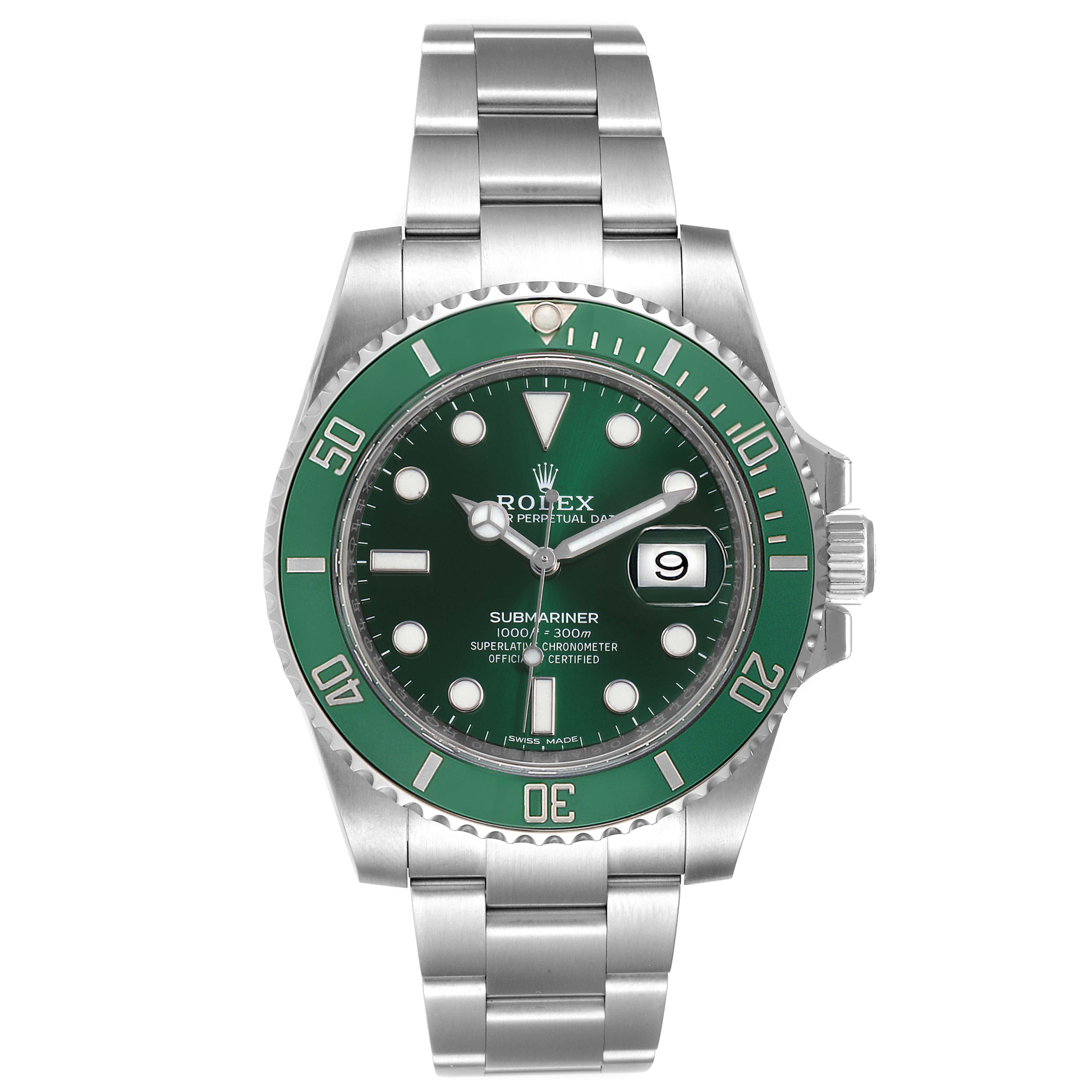 This image shows a frontal view of a Rolex Submariner 116610LV Men
s Stainless Steel Green Dial 116610LV Men
s Stainless Steel Green Dial watch with a green bezel and stainless steel bracelet.