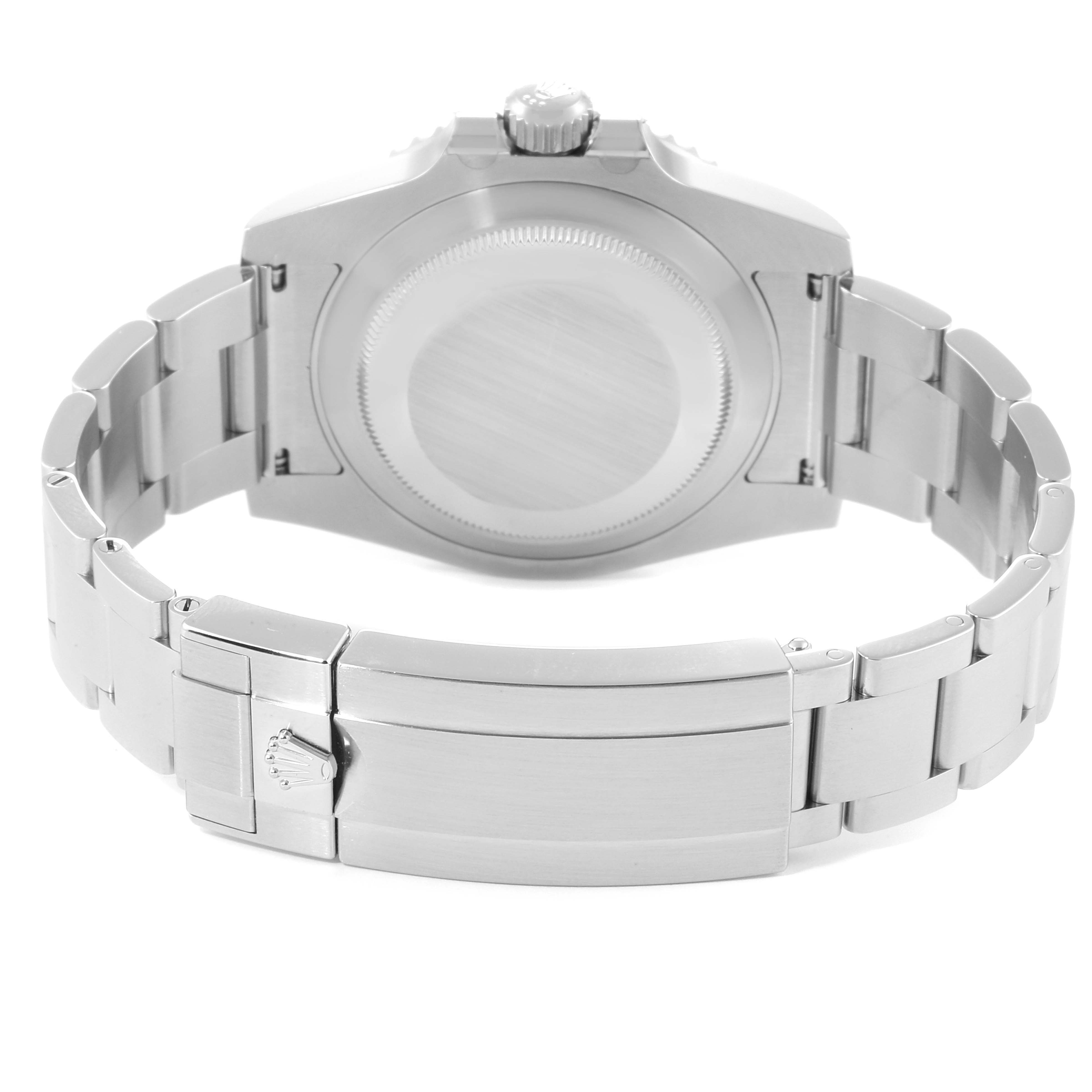 The image displays the back view of a Rolex Submariner 116610LV Men
s Stainless Steel Green Dial 116610LV Men
s Stainless Steel Green Dial watch, showing its case back and metal bracelet with a clasp.