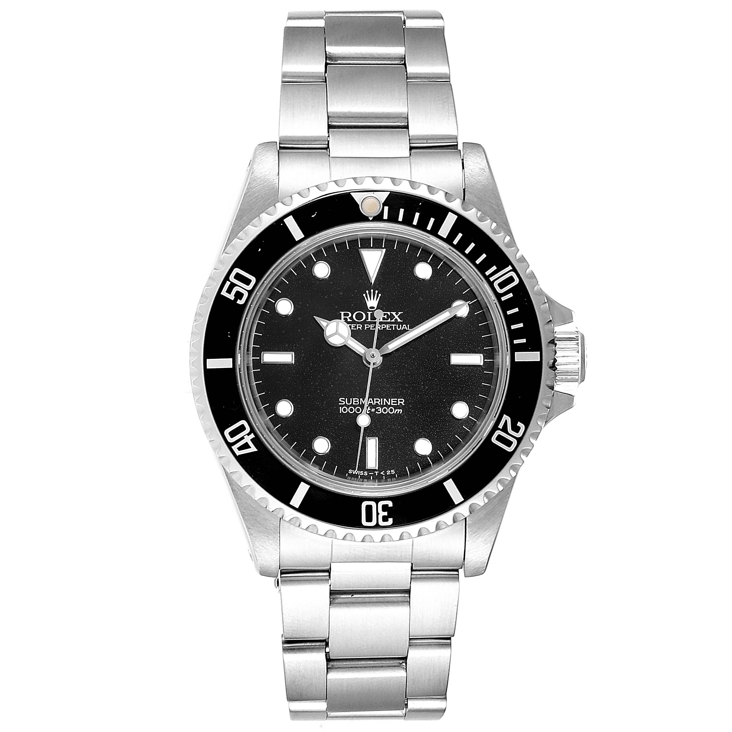 The image shows a front view of a Rolex Submariner 14060 Men
s Stainless Steel Black Dial 14060 Men
s Stainless Steel Black Dial watch, displaying the dial, bezel, and stainless steel bracelet.