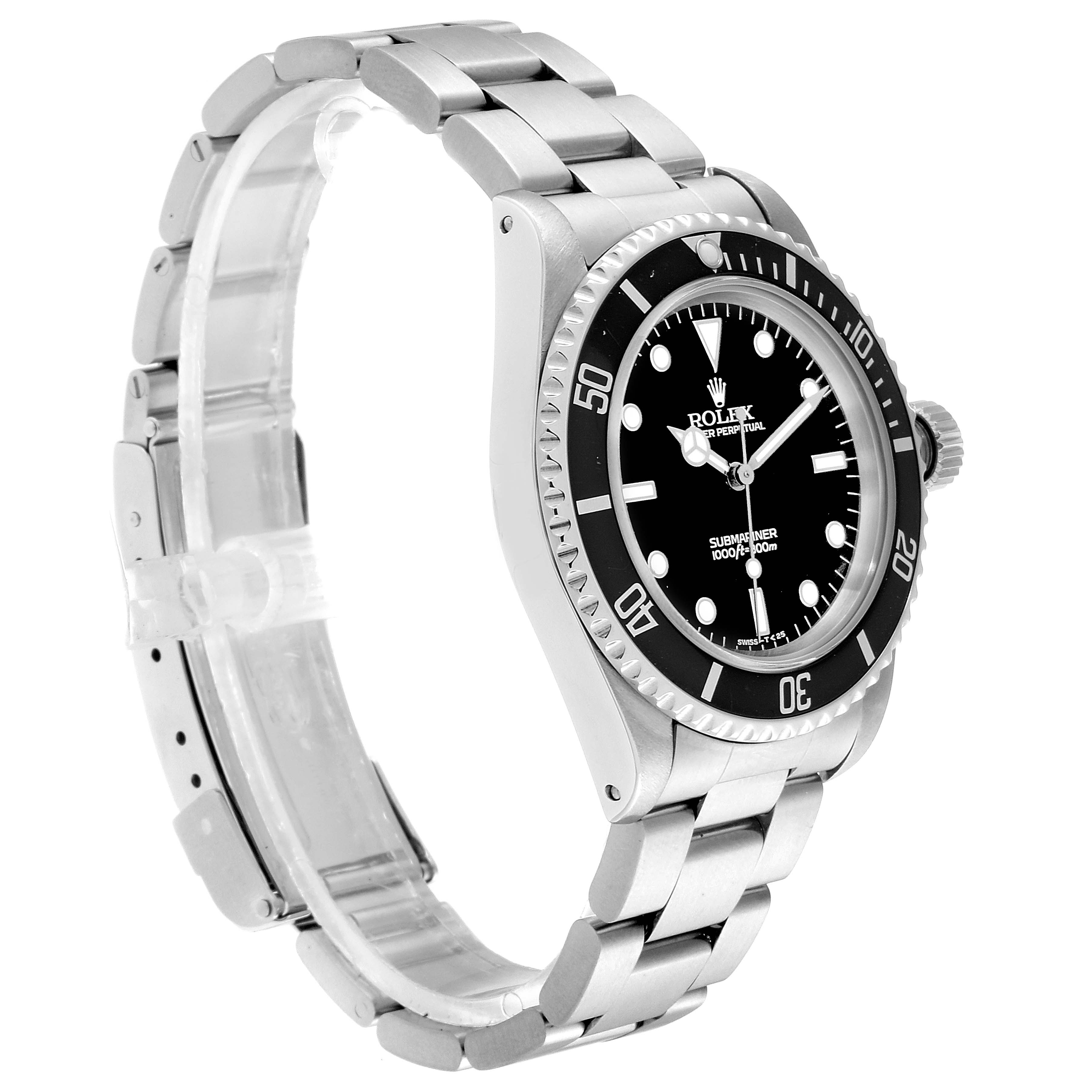 The Rolex Submariner 14060 Men
s Stainless Steel Black Dial 14060 Men
s Stainless Steel Black Dial watch is shown at a three-quarter angle, displaying the face, bezel, crown, and bracelet.