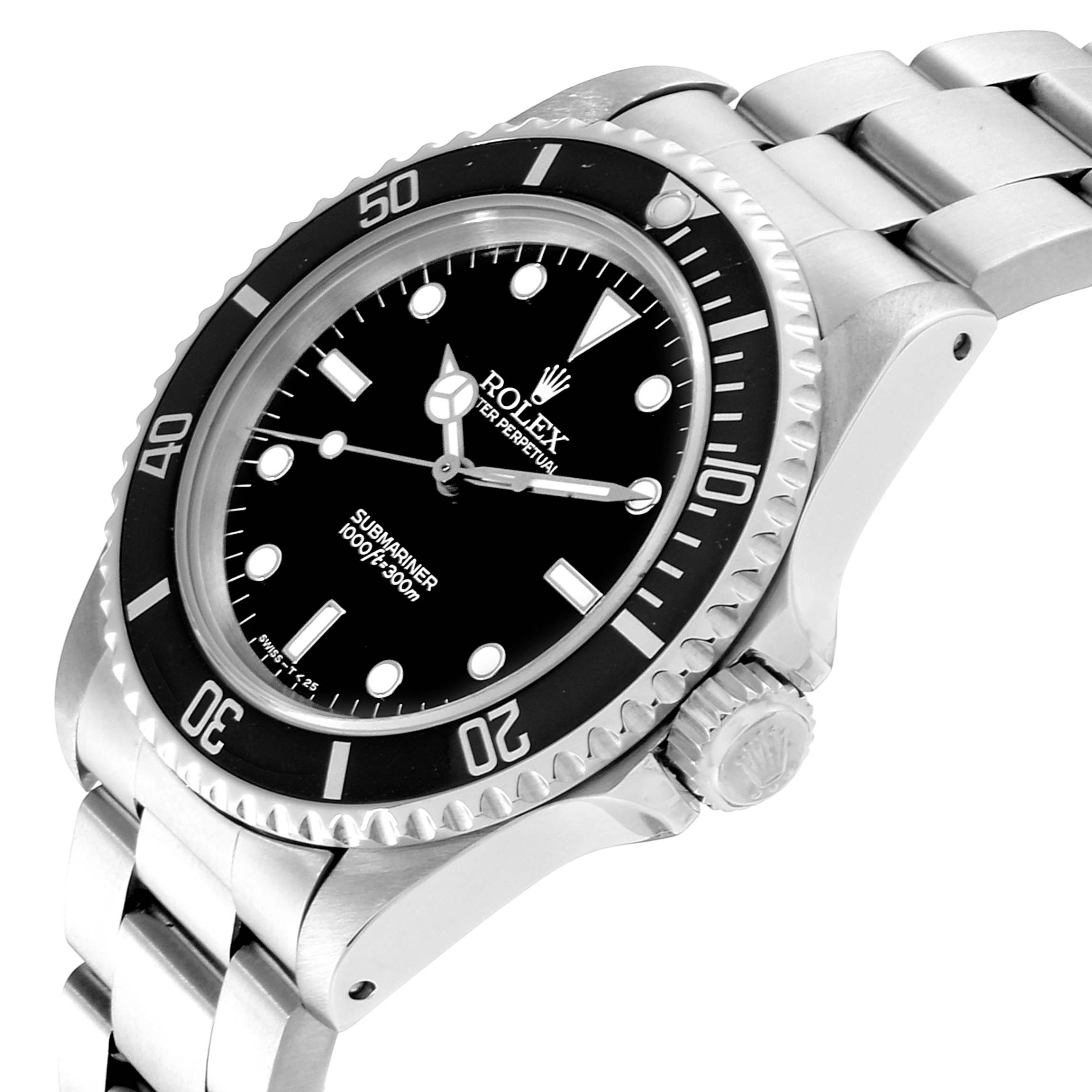 This image shows a Rolex Submariner 14060 Men
s Stainless Steel Black Dial 14060 Men
s Stainless Steel Black Dial watch at a slight angle, highlighting the face, bezel, and part of the bracelet.