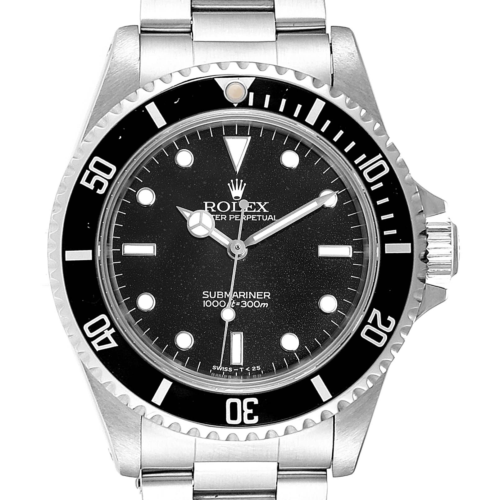 The image shows the front view of a Rolex Submariner 14060 Men
s Stainless Steel Black Dial 14060 Men
s Stainless Steel Black Dial watch, highlighting the dial, bezel, and bracelet.