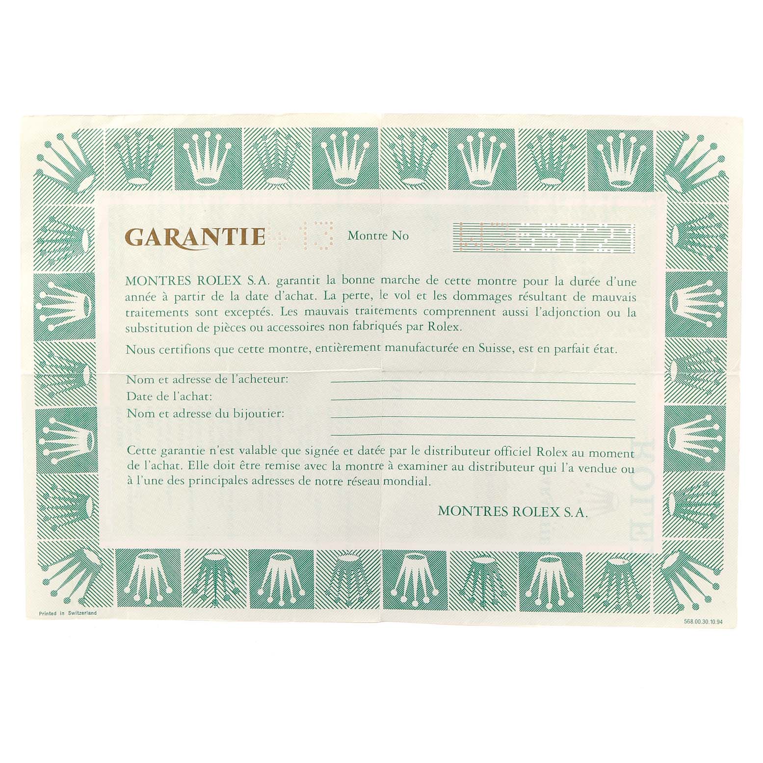 This image shows the warranty card or certificate for a Rolex Submariner 14060 Men
s Stainless Steel Black Dial 14060 Men
s Stainless Steel Black Dial watch, featuring the brand
s logo and purchase details section.