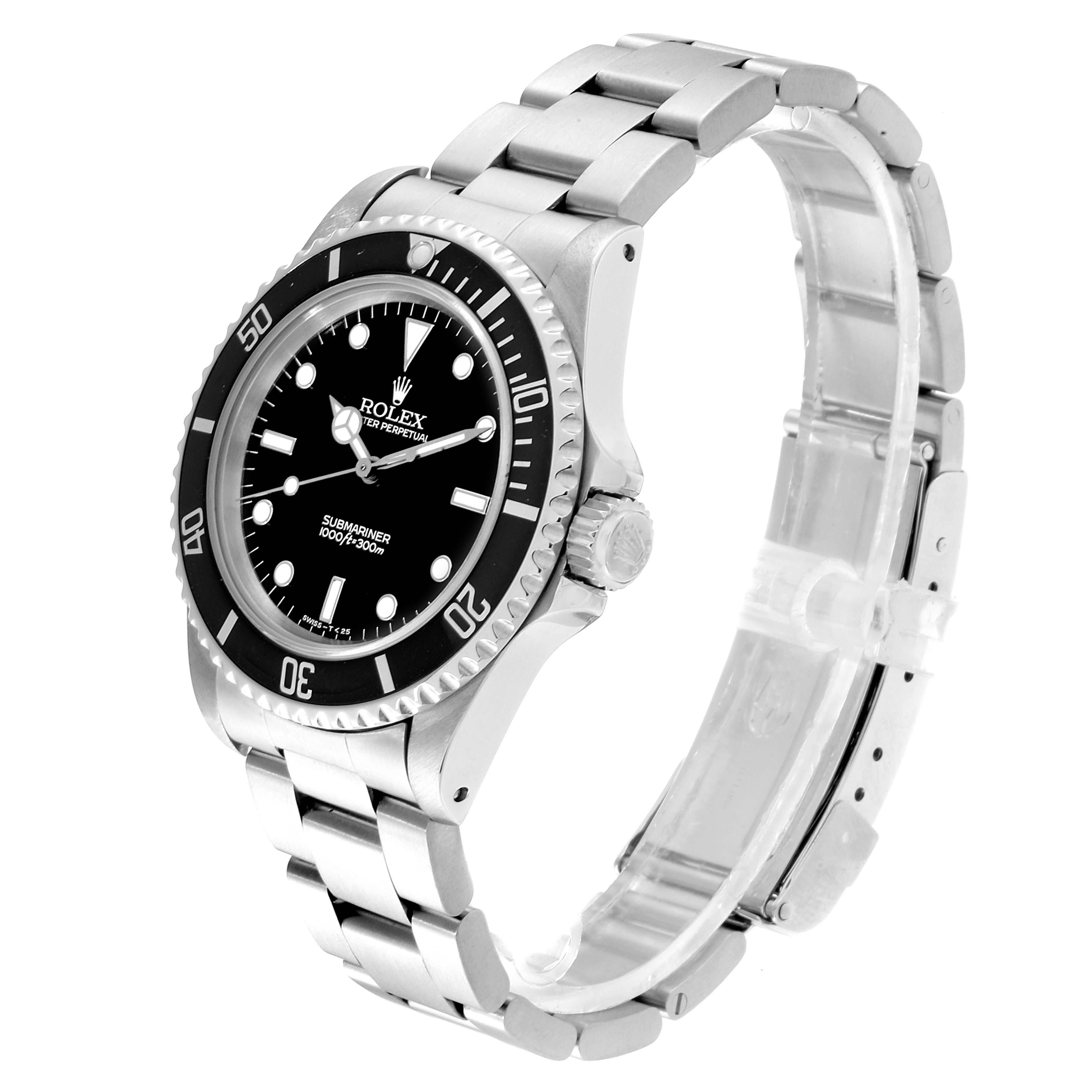 The image shows a Rolex Submariner 14060 Men
s Stainless Steel Black Dial 14060 Men
s Stainless Steel Black Dial watch at a three-quarter angle, highlighting the face, bezel, crown, and bracelet.