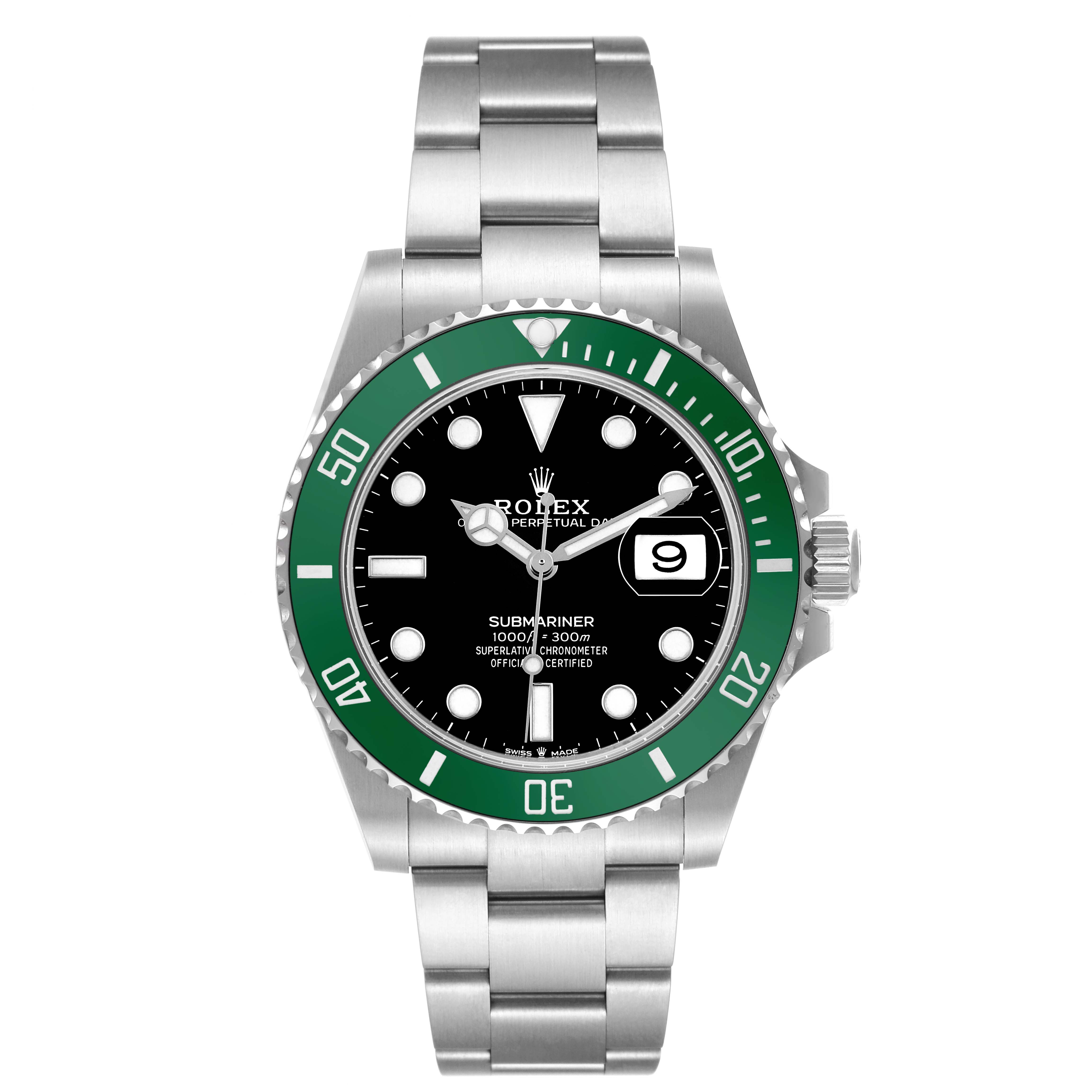 This Rolex Submariner 126610LV Men's Stainless Steel Black Dial watch is shown from a frontal angle, displaying its green bezel, black dial, and stainless steel bracelet.