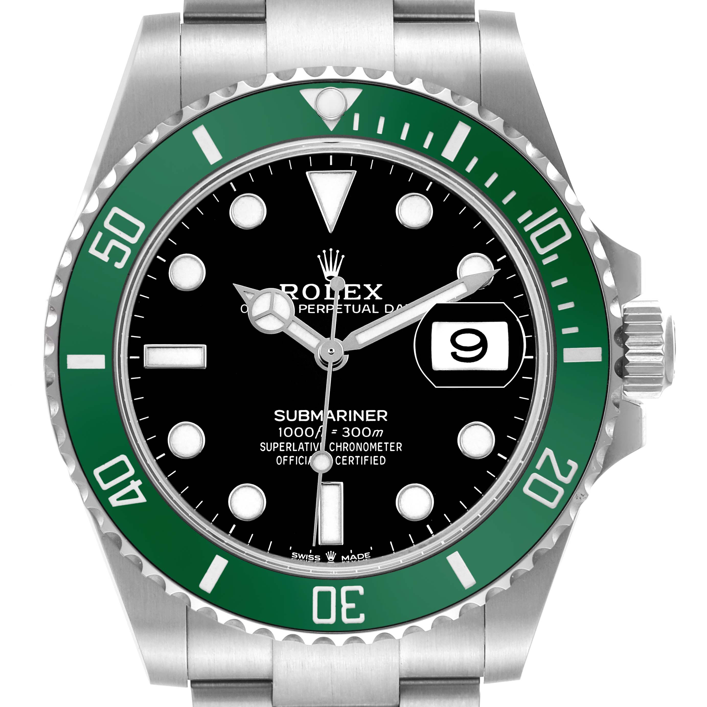 The Rolex Submariner 126610LV Men's Stainless Steel Black Dial watch is shown from a front view, highlighting the green bezel, black dial, and date window.
