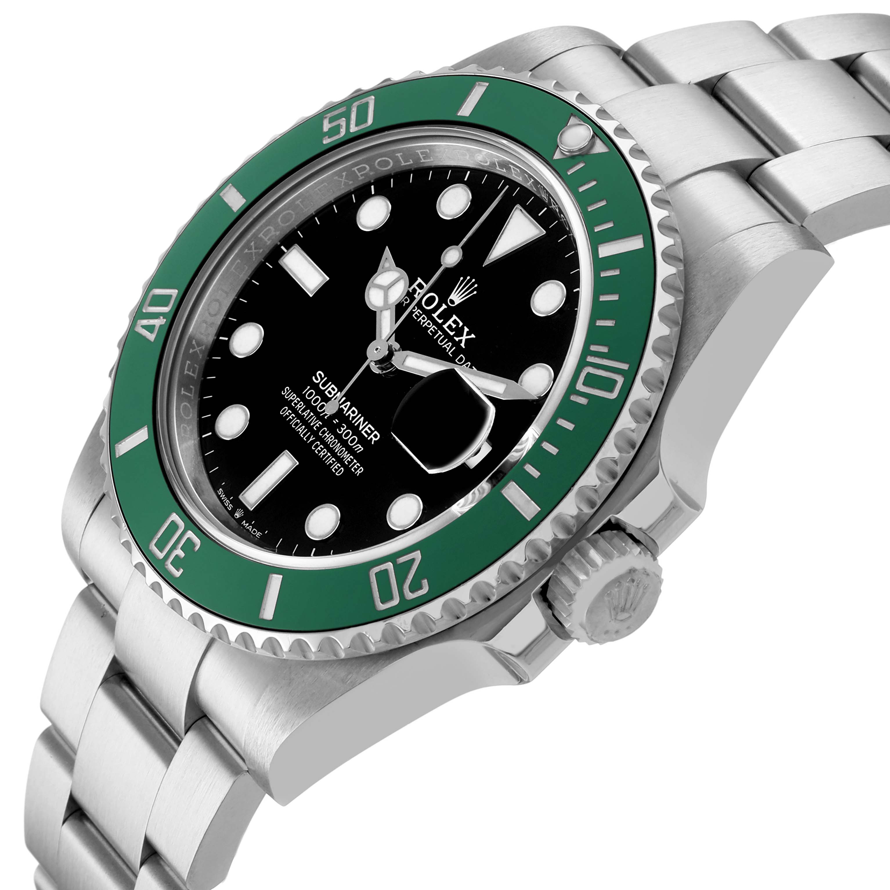 The Rolex Submariner 126610LV Men's Stainless Steel Black Dial watch is shown from an angled view, displaying the bezel, dial, crown, and part of the bracelet.
