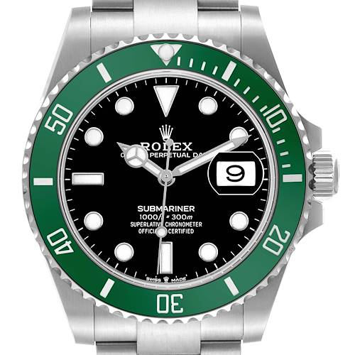 The Rolex Submariner 126610LV Men's Stainless Steel Black Dial watch is shown from the front, highlighting the dial, bezel, and crown.