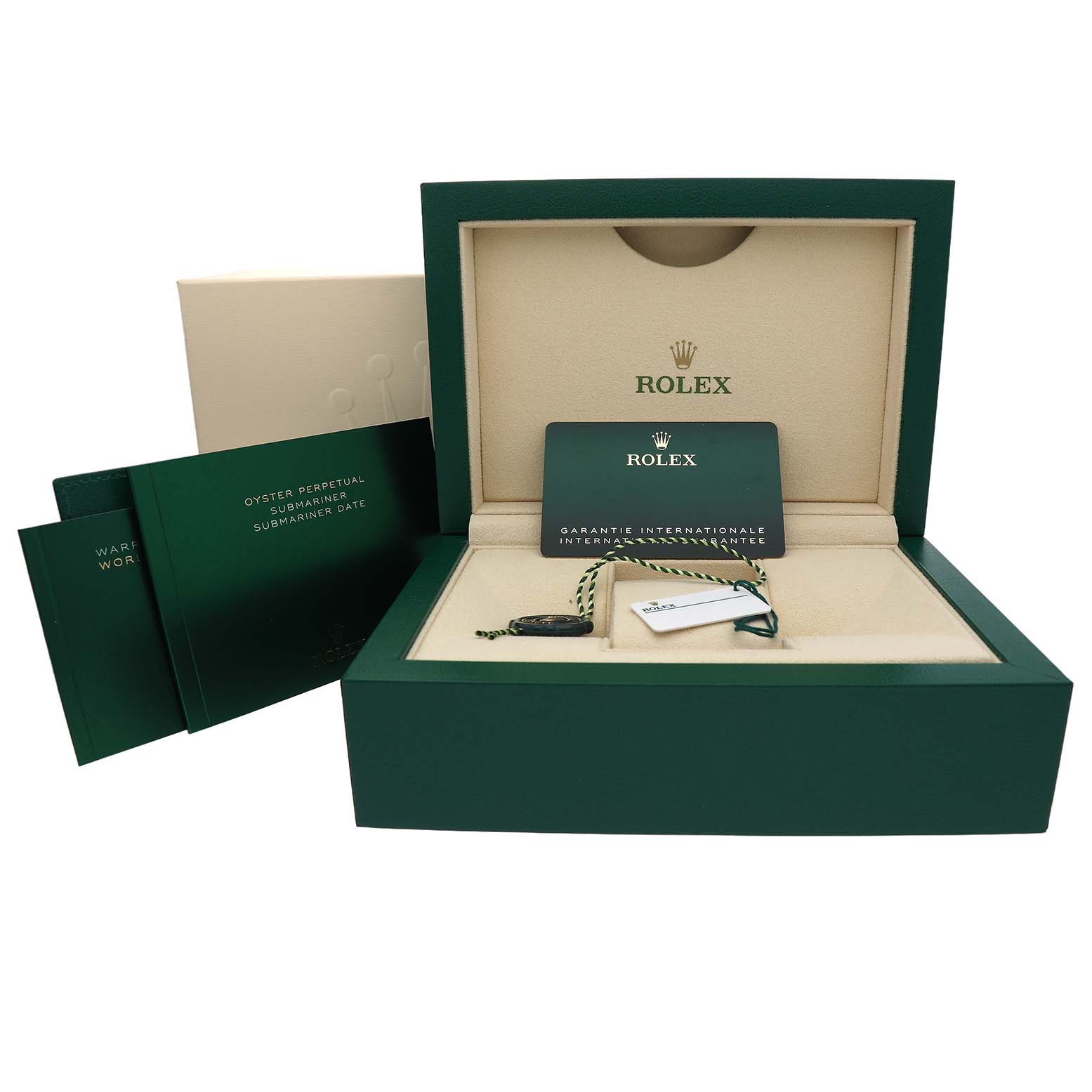 The image shows a Rolex Submariner 126610LV Men's Stainless Steel Black Dial box, warranty card, and booklets from a front angle.