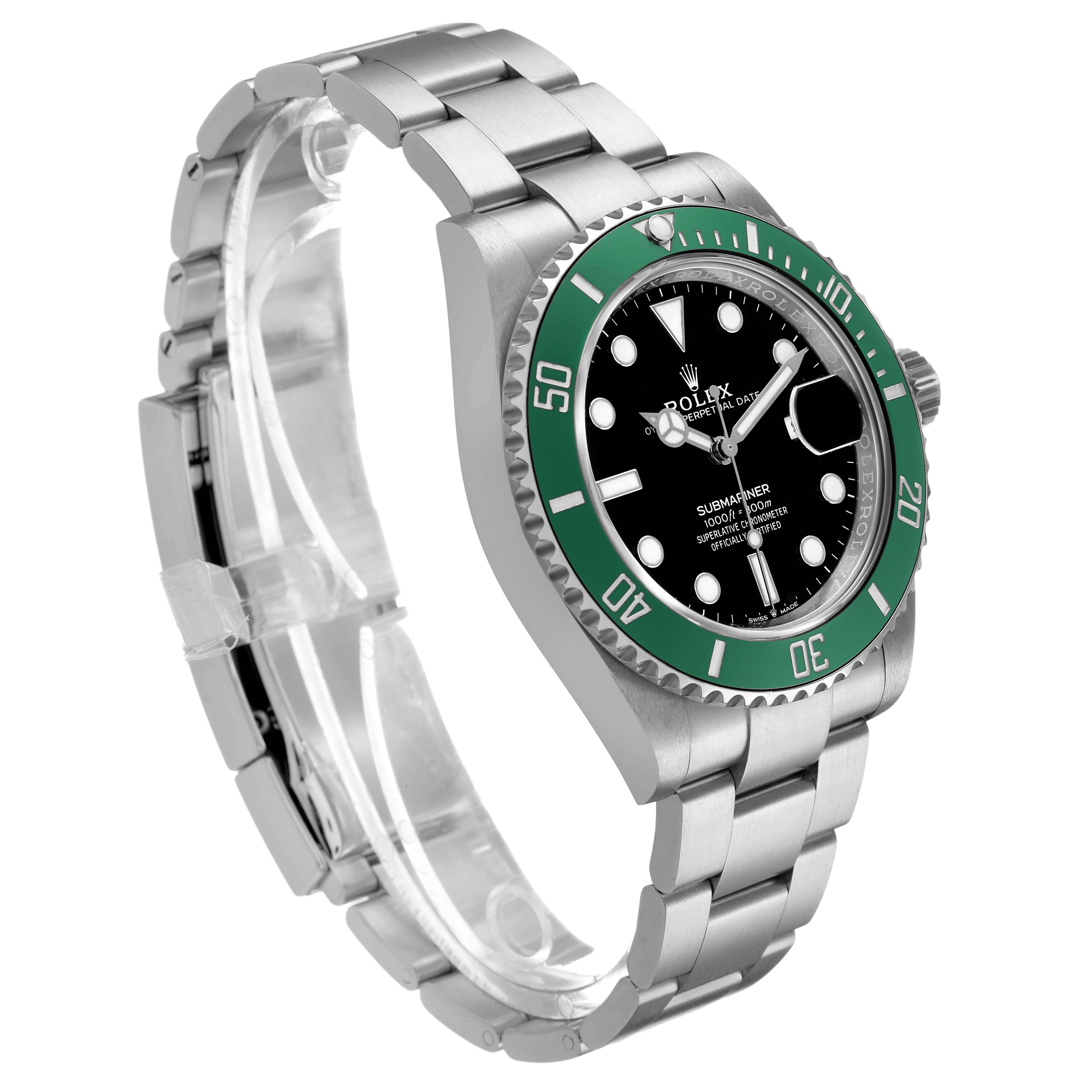 The Rolex Submariner 126610LV Men's Stainless Steel Black Dial watch is shown at a three-quarter angle, highlighting the green bezel, black dial, and stainless steel bracelet.