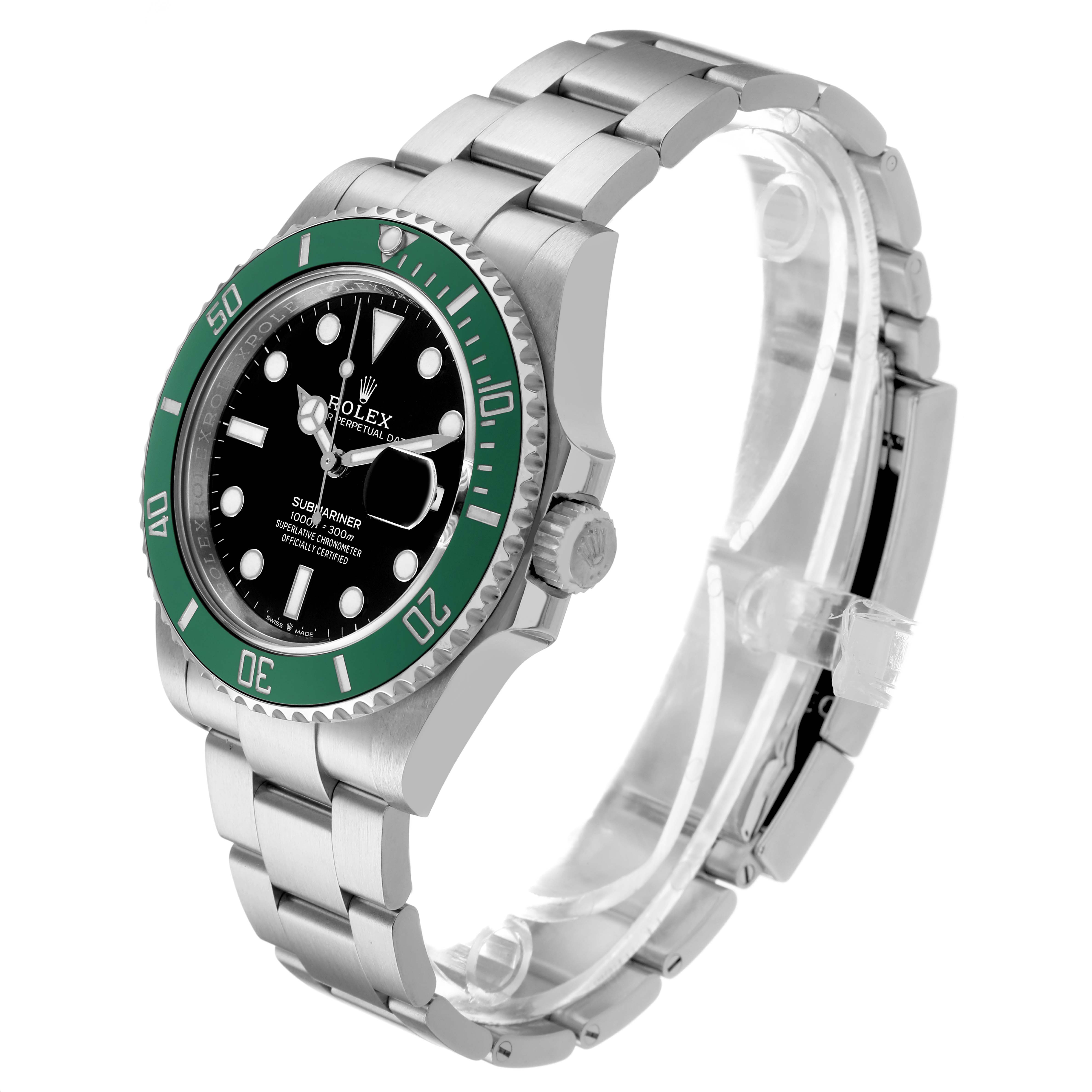 The Rolex Submariner 126610LV Men's Stainless Steel Black Dial is shown at a slight angle, highlighting the face, green bezel, and stainless steel bracelet.