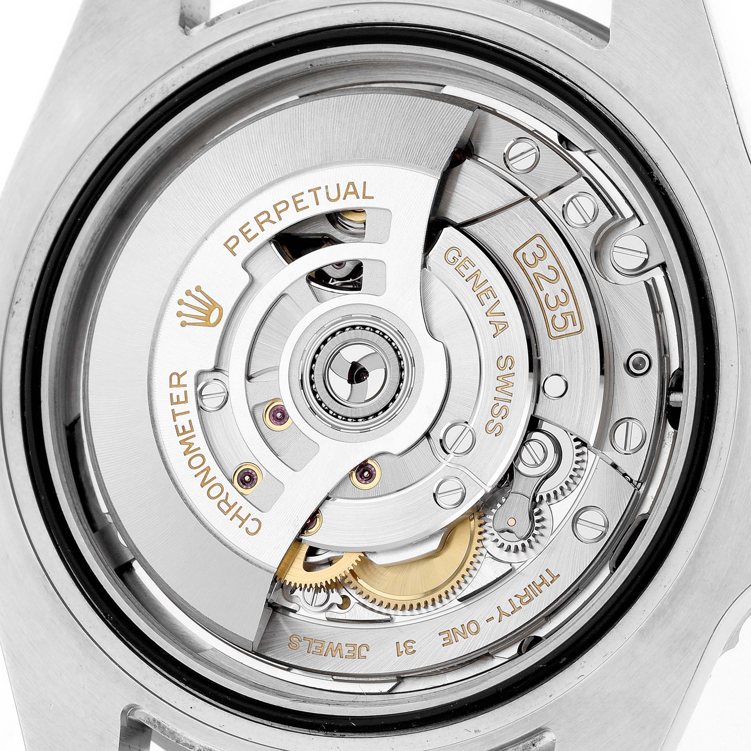 The image shows the movement of a Rolex Submariner 126610LV Men's Stainless Steel Black Dial, highlighting the rotor and inner mechanisms.