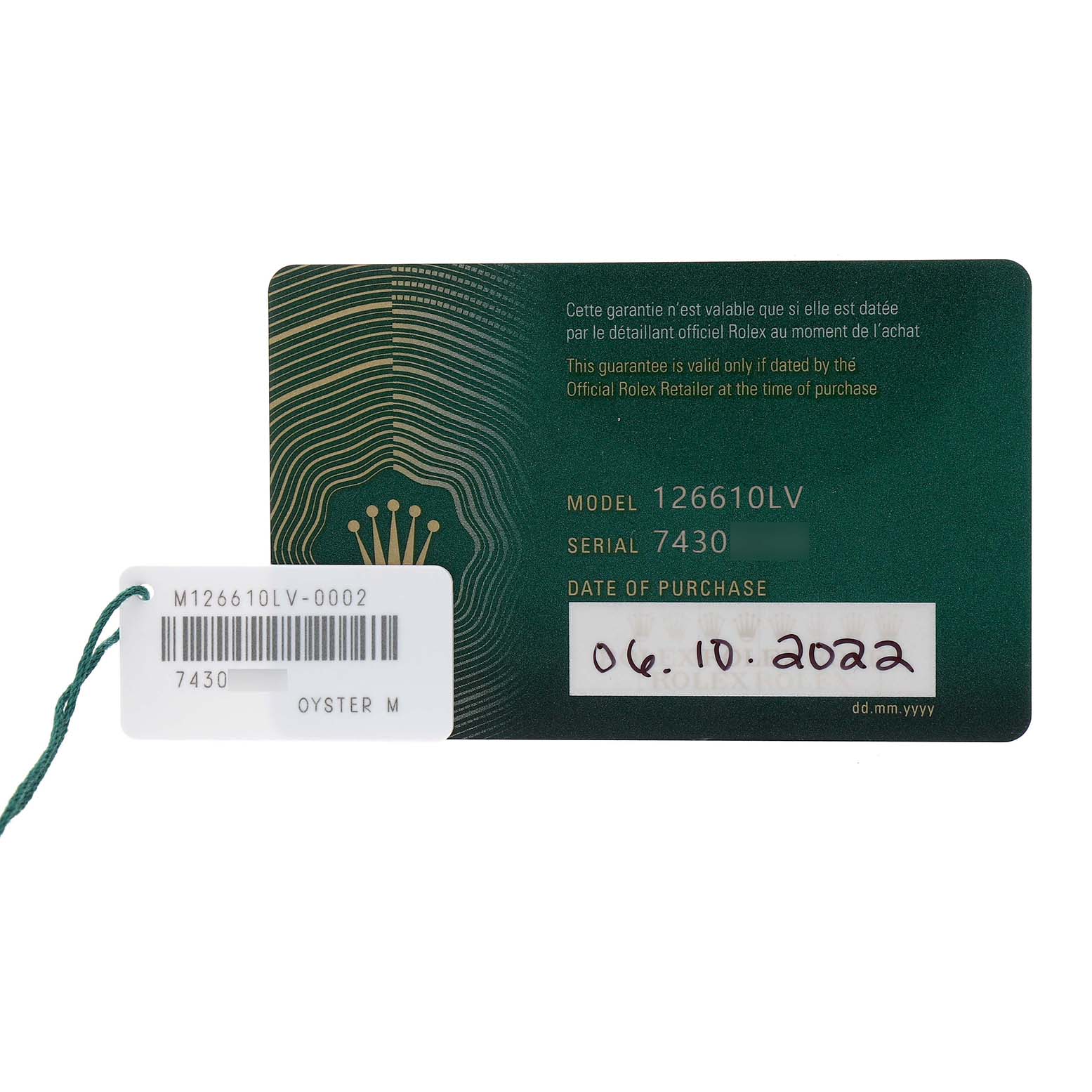 The image shows a warranty card and tag for the Rolex Submariner 126610LV Men's Stainless Steel Black Dial model 126610LV.