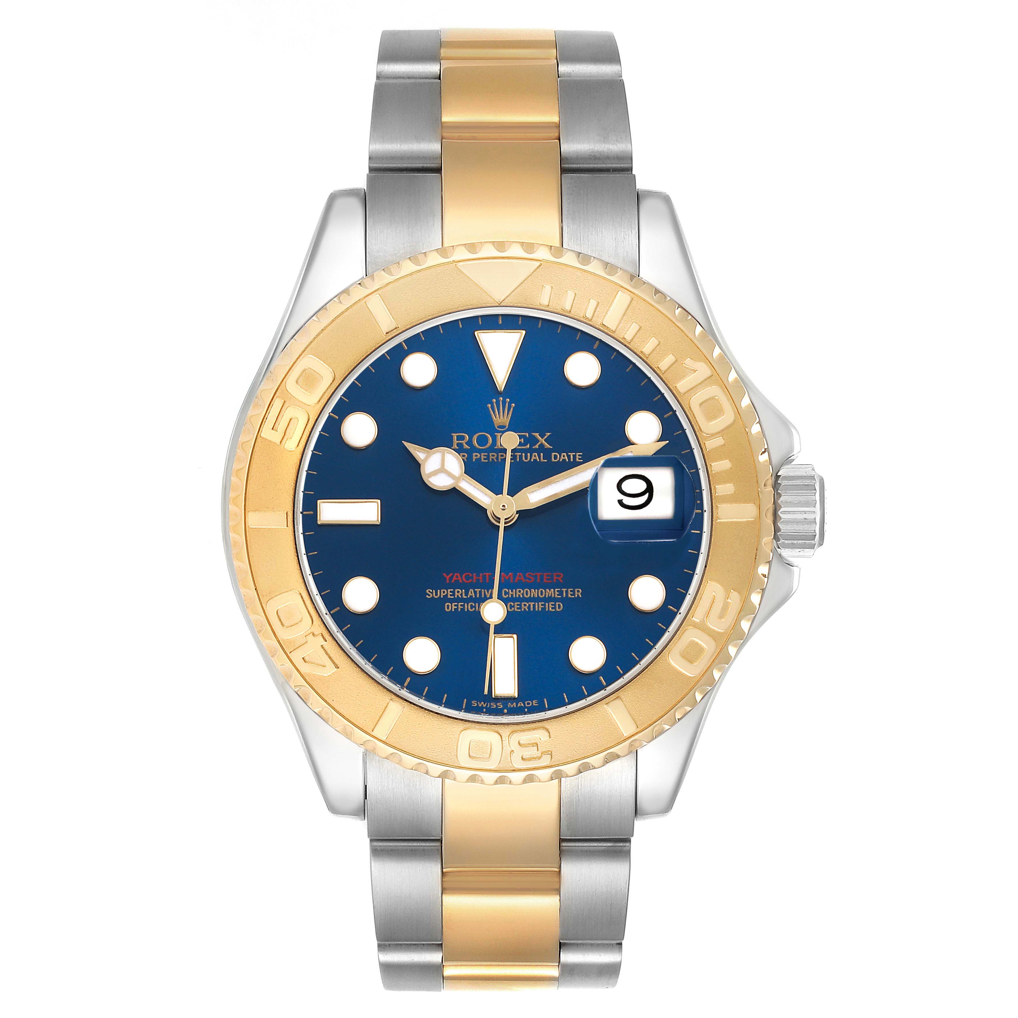 The Rolex Yacht-Master 16623 Men's Steel and Gold (two tone) Blue Dial is shown from the front, displaying its blue dial, gold bezel, and two-tone bracelet.