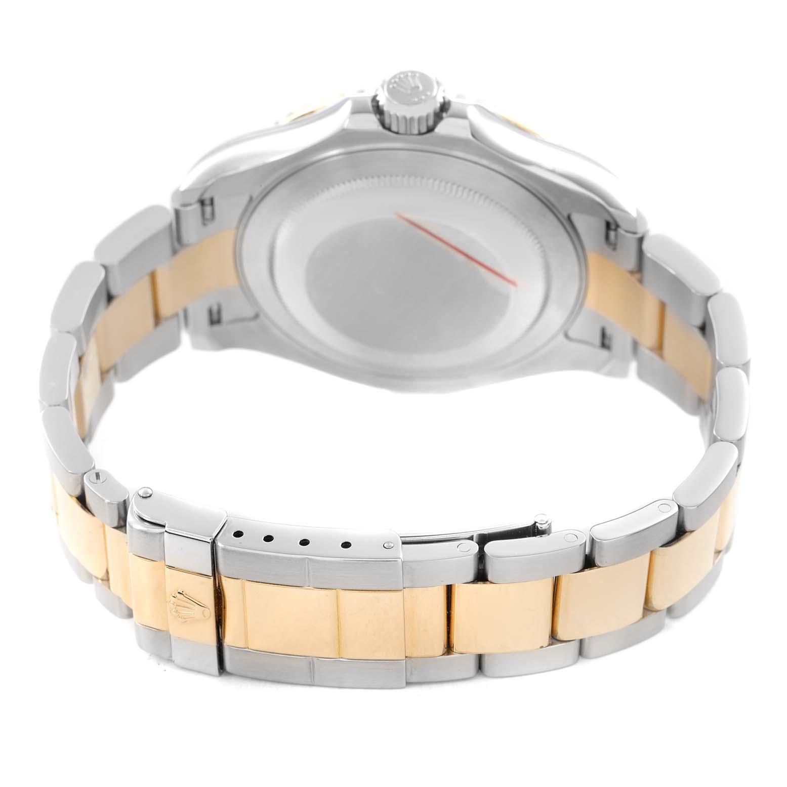 The image shows the back of a Rolex Yacht-Master 16623 Men's Steel and Gold (two tone) Blue Dial watch, highlighting the bracelet and clasp from an angle that reveals the case back and crown.