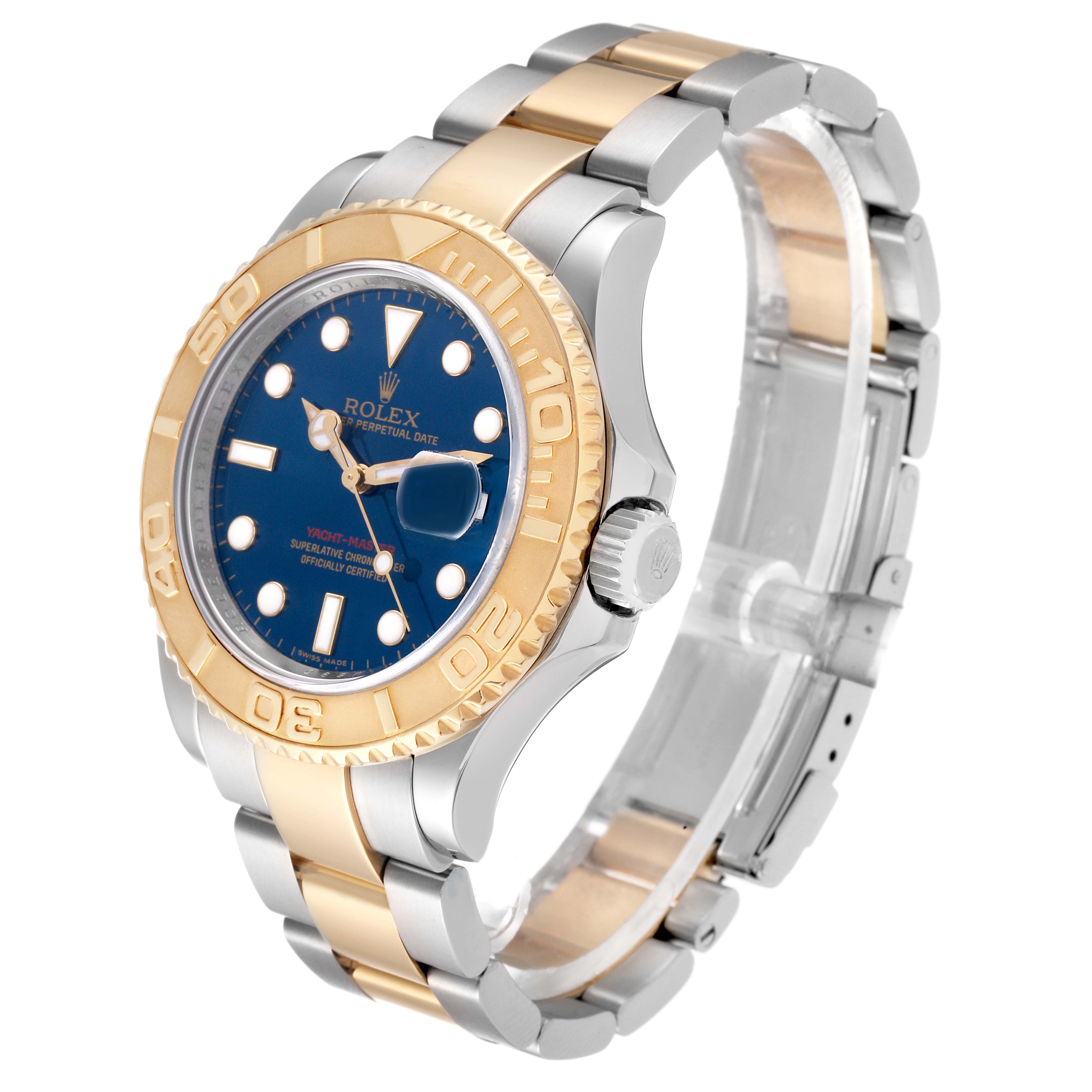The image shows a Rolex Yacht-Master 16623 Men's Steel and Gold (two tone) Blue Dial watch from a three-quarter angle, highlighting the dial, bezel, and bracelet.