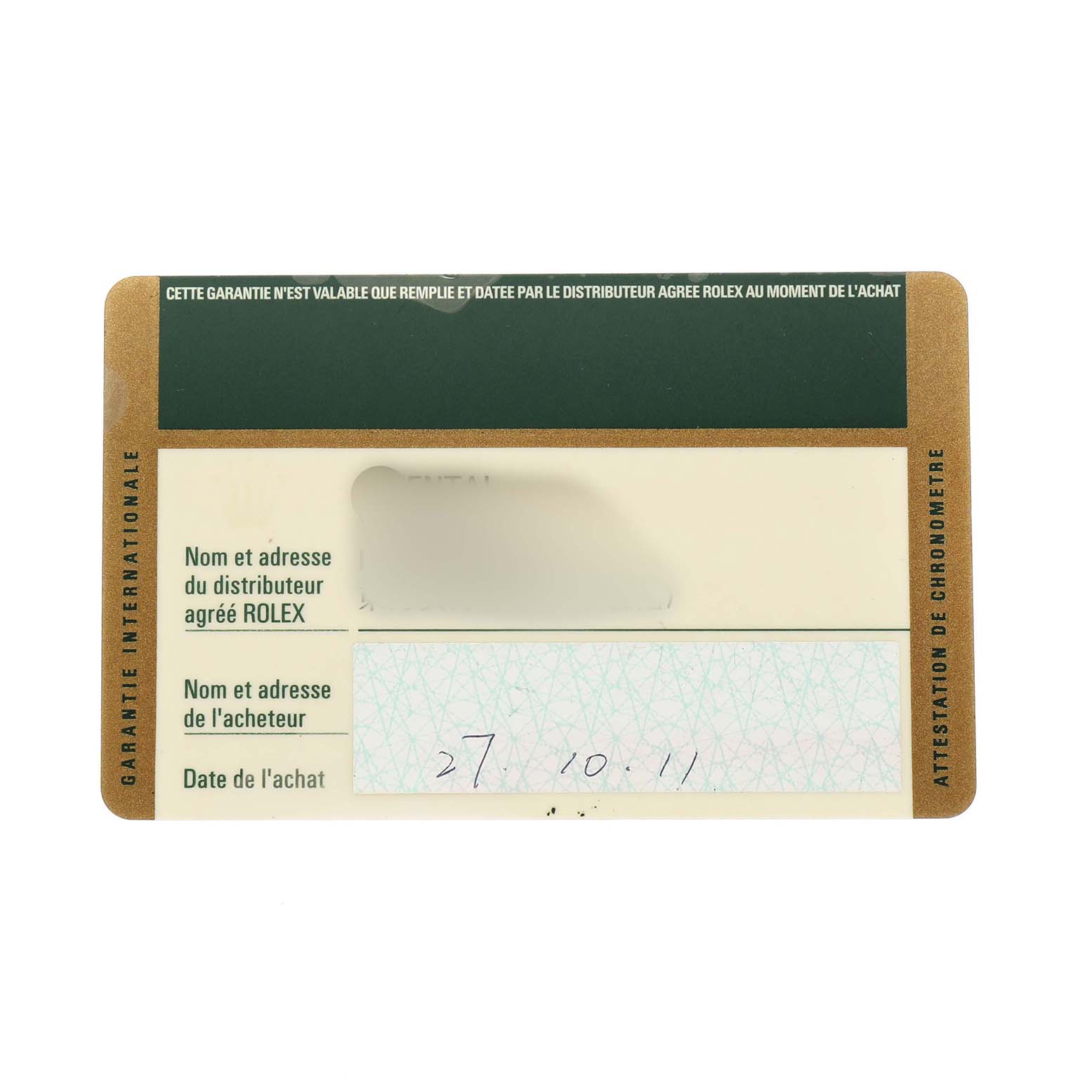 The image shows a warranty card for a Rolex Yacht-Master 16623 Men's Steel and Gold (two tone) Blue Dial, featuring purchase information and branding.