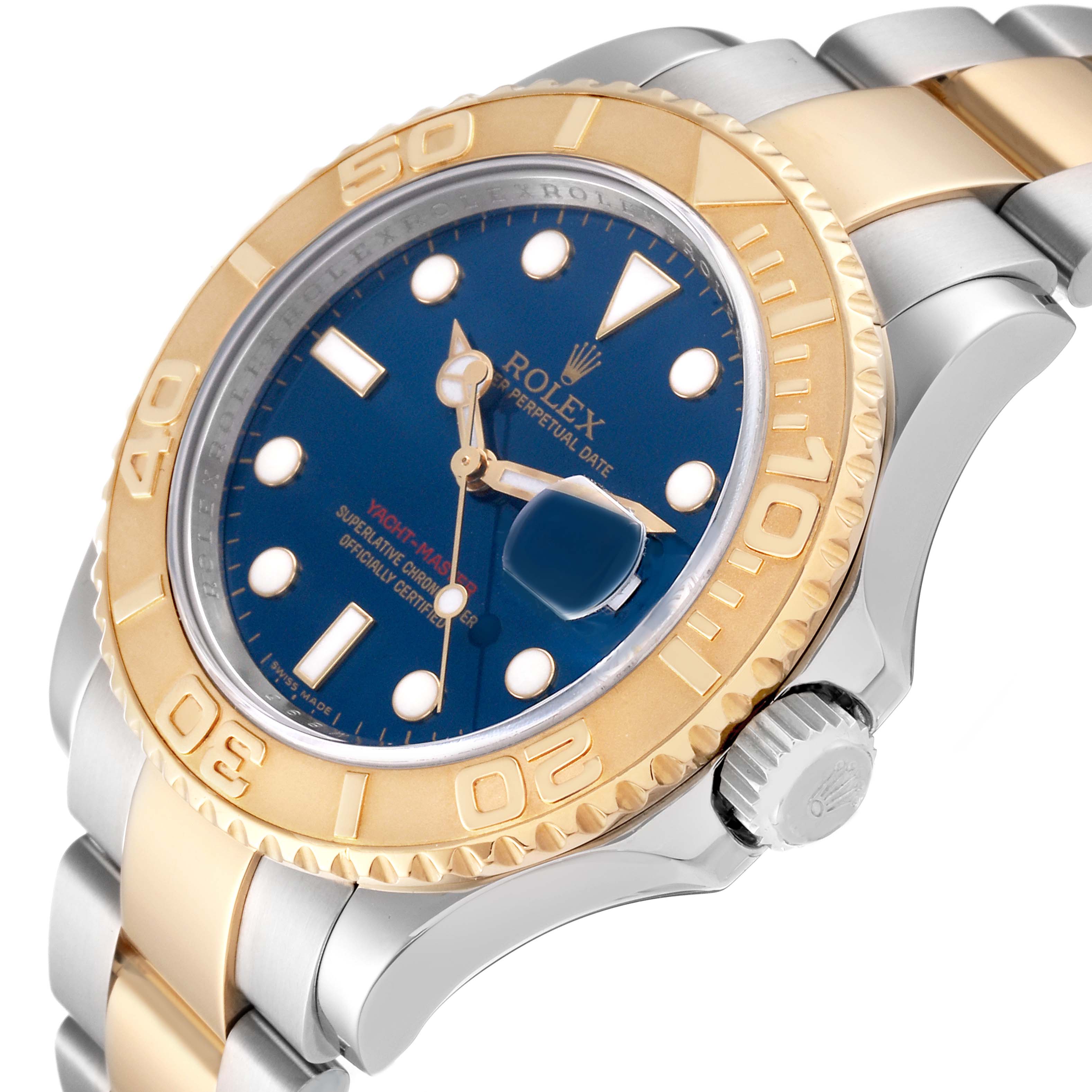 The Rolex Yacht-Master 16623 Men's Steel and Gold (two tone) Blue Dial watch is shown at a slight angle, displaying the bezel, dial, crown, and part of the band.
