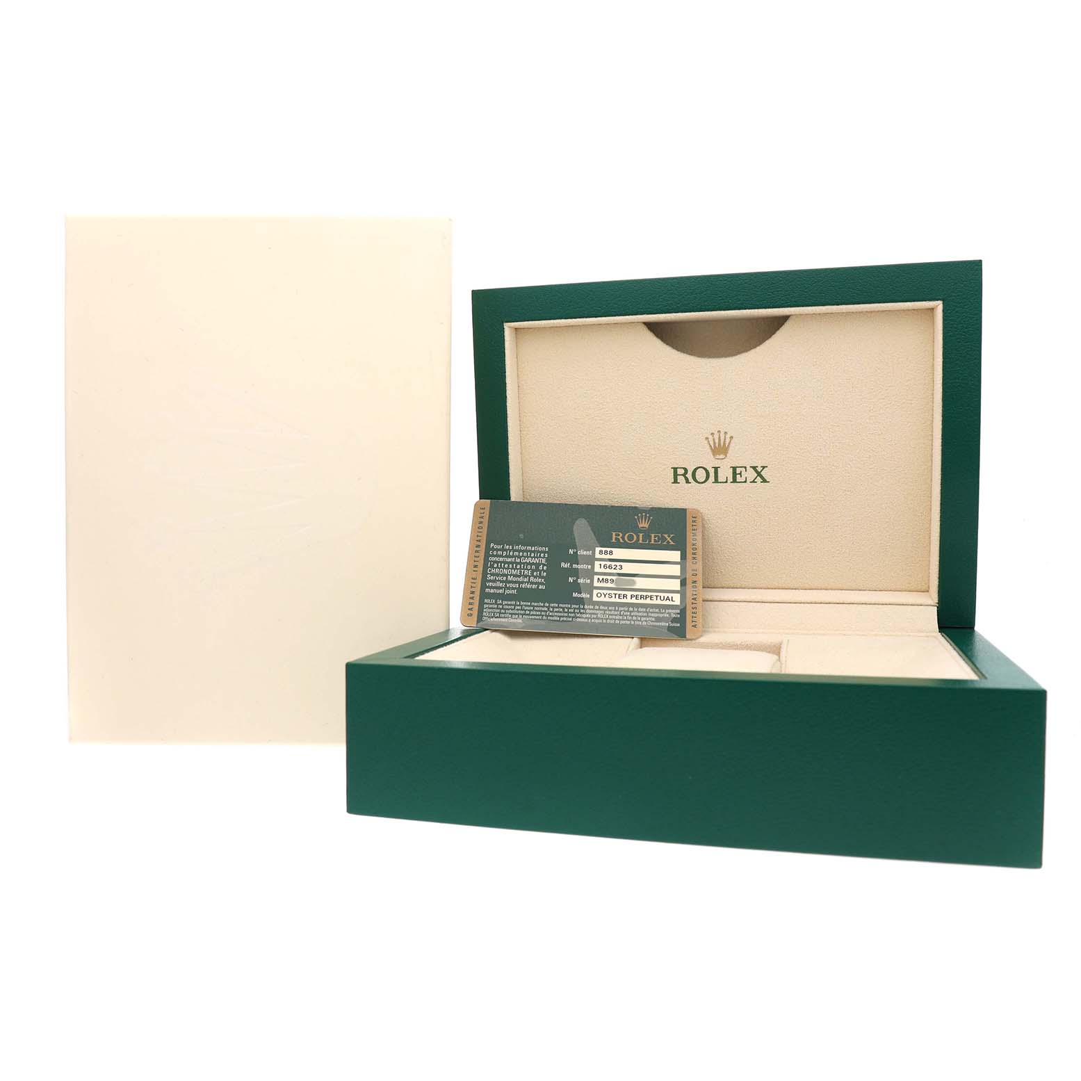 The image shows an open Rolex Yacht-Master 16623 Men's Steel and Gold (two tone) Blue Dial watch box with an authenticity card placed inside.