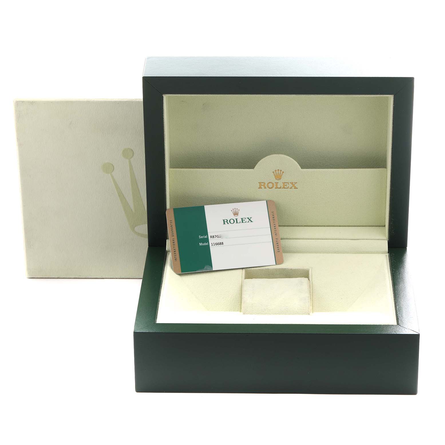 The image shows a Rolex Yacht-Master 116688 Men's Yellow Gold White Dial 116688 Men's Yellow Gold White Dial box with a card displaying the model and series number.