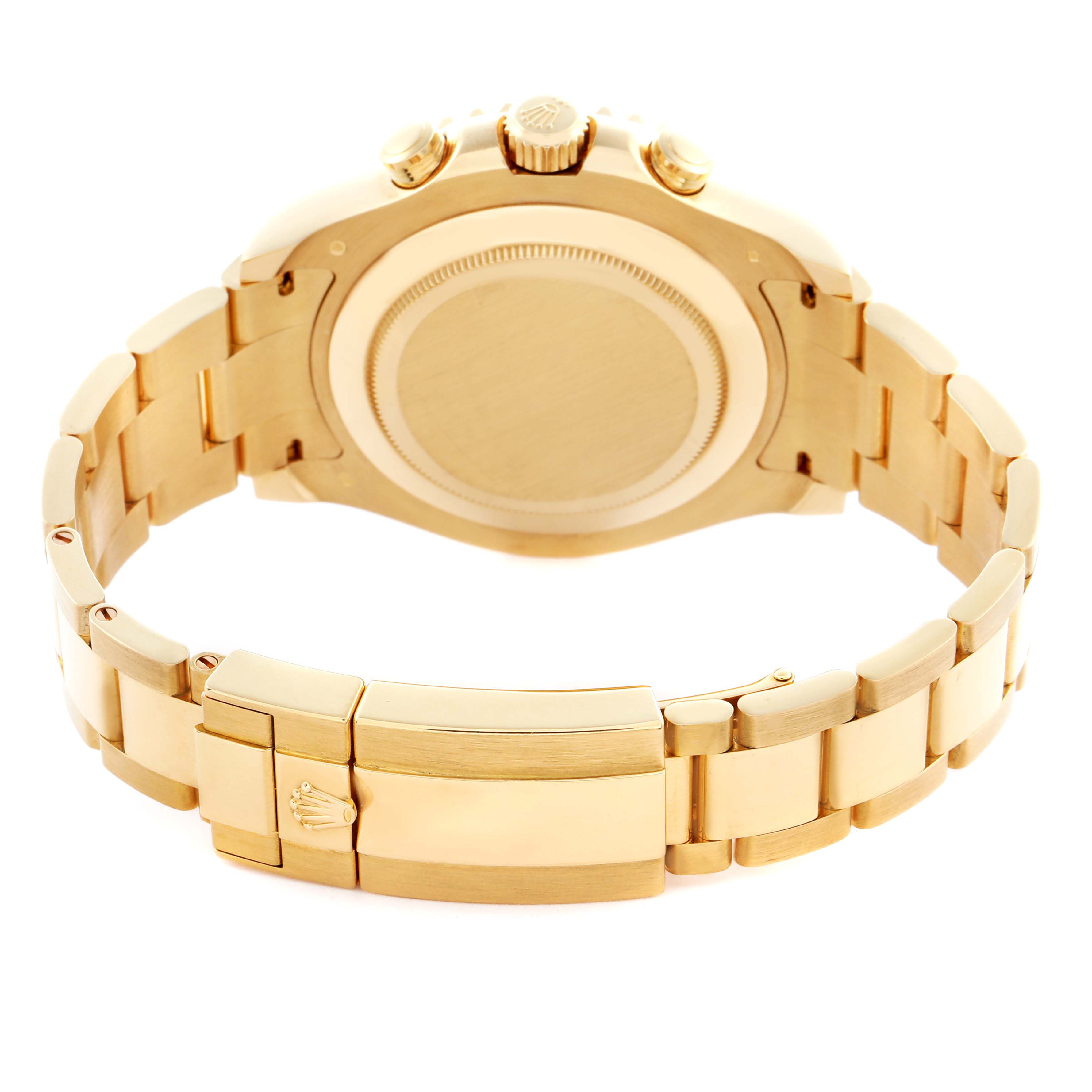 The image shows the back of the Rolex Yacht-Master 116688 Men's Yellow Gold White Dial 116688 Men's Yellow Gold White Dial watch, highlighting the case, bracelet, and clasp.