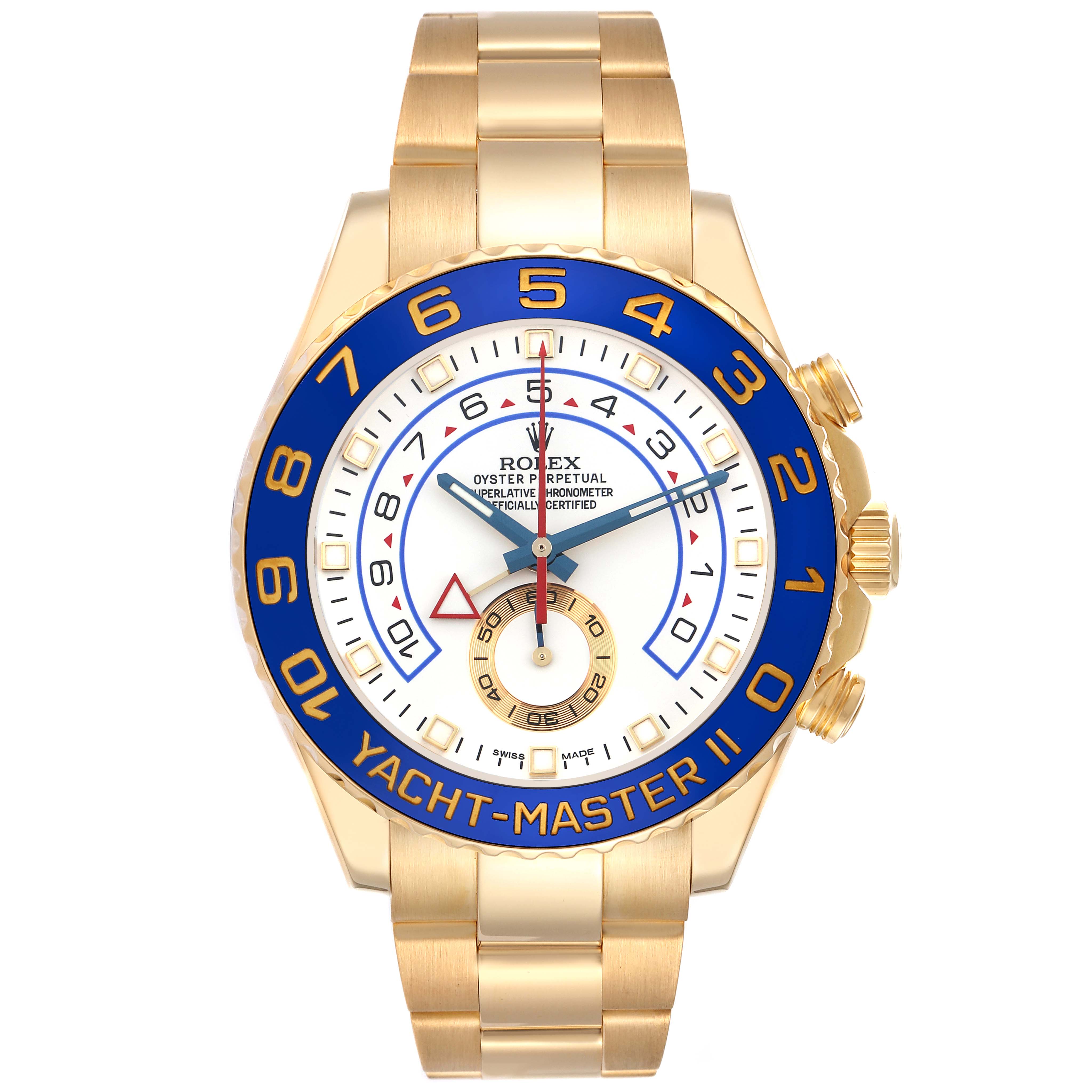 The Rolex Yacht-Master 116688 Men's Yellow Gold White Dial 116688 Men's Yellow Gold White Dial watch is shown from the front, highlighting its face, bezel, and bracelet.