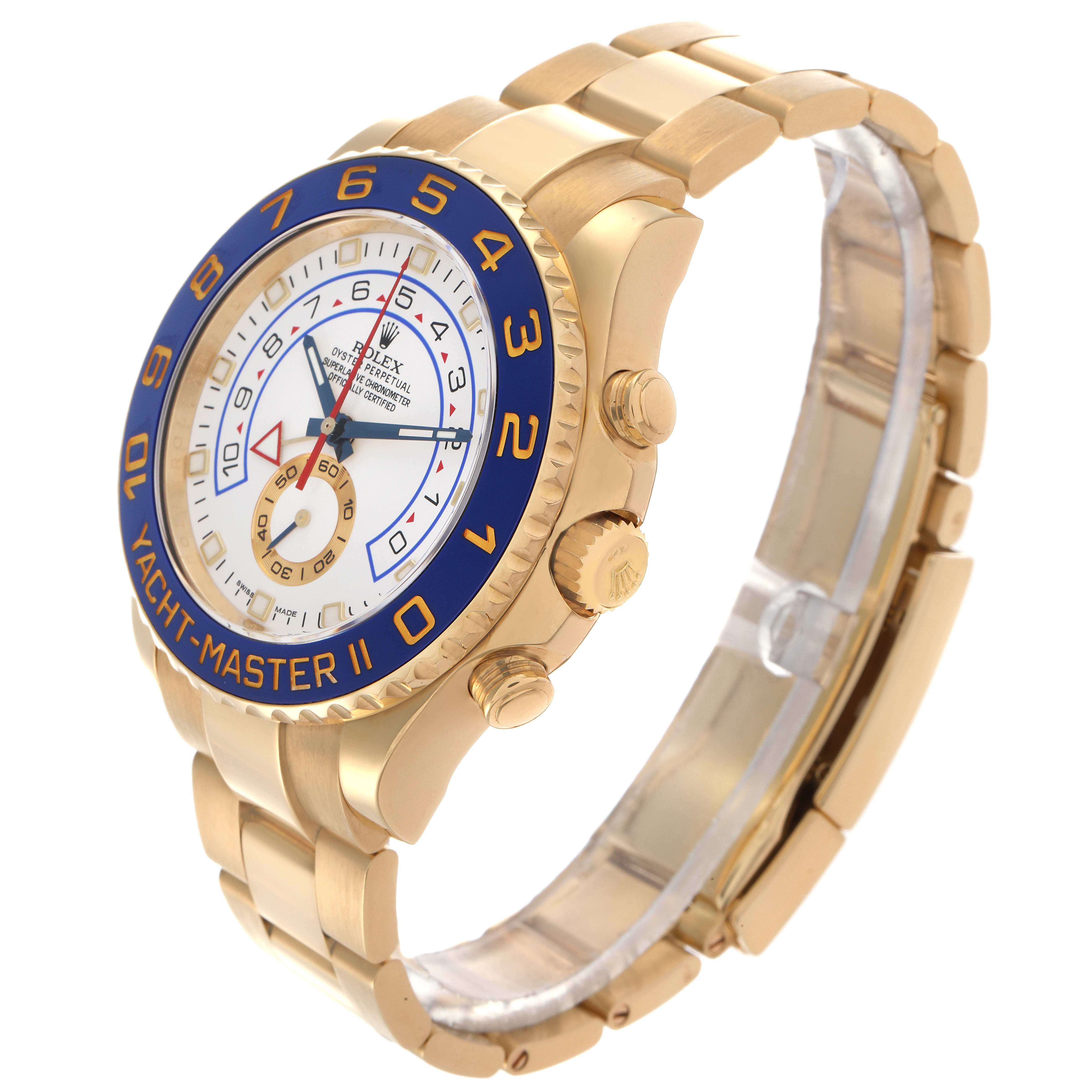 The Rolex Yacht-Master 116688 Men's Yellow Gold White Dial 116688 Men's Yellow Gold White Dial II is shown at an angled side view, highlighting the bezel, crown, and bracelet links.