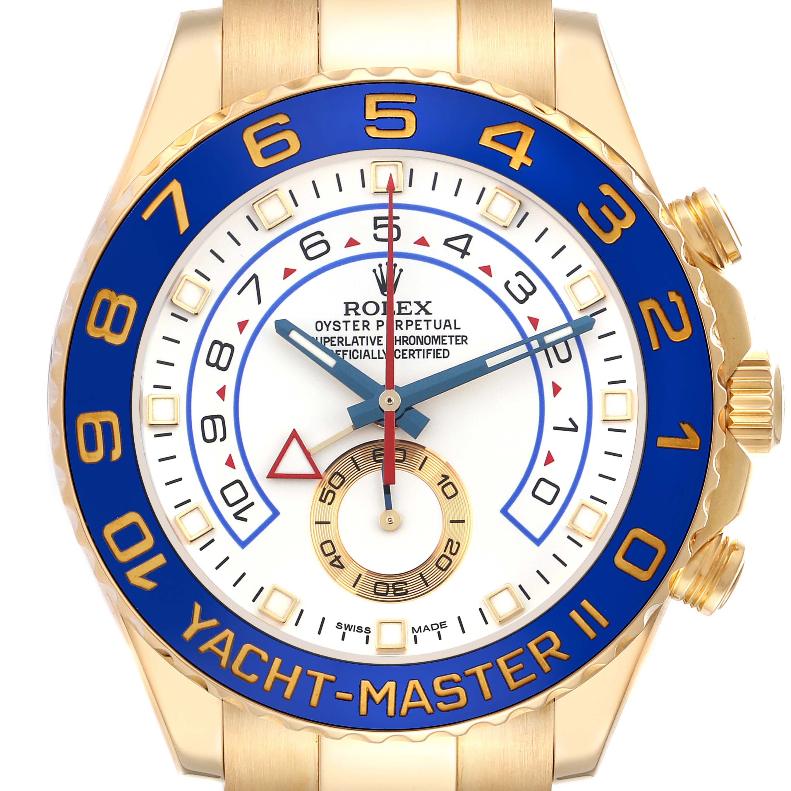 The Rolex Yacht-Master 116688 Men's Yellow Gold White Dial 116688 Men's Yellow Gold White Dial watch is shown from the front, displaying the dial, bezel, and partial bracelet.