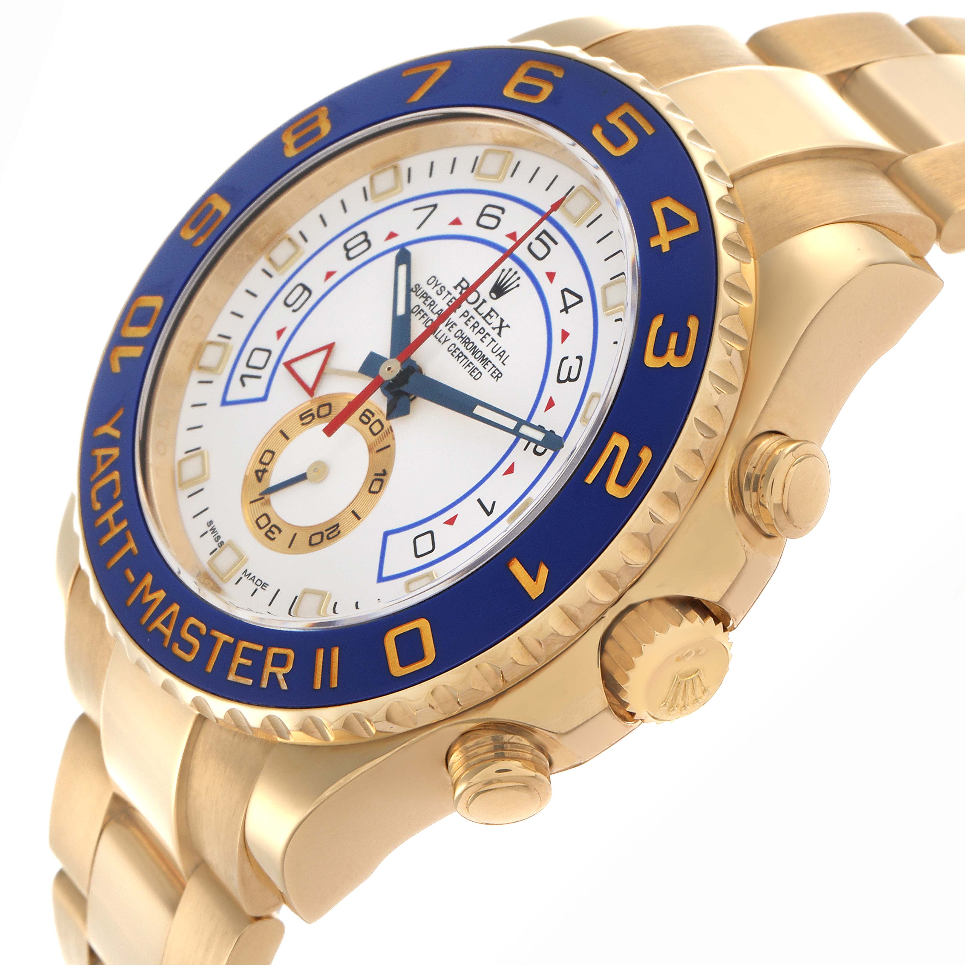 The Rolex Yacht-Master 116688 Men's Yellow Gold White Dial 116688 Men's Yellow Gold White Dial watch is shown at an angle highlighting its blue bezel, gold case, dial, and side pushers.