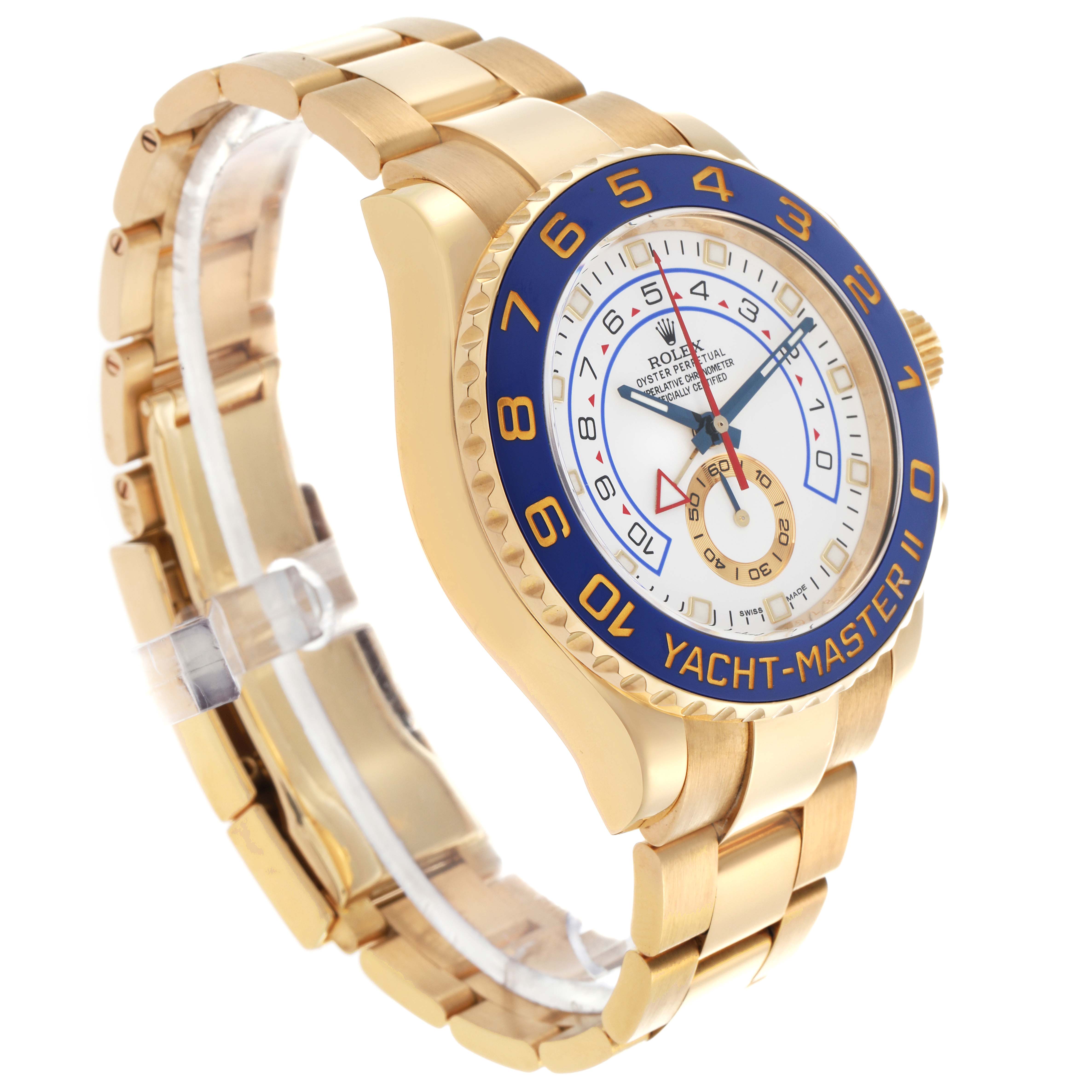 The Rolex Yacht-Master 116688 Men's Yellow Gold White Dial 116688 Men's Yellow Gold White Dial watch is angled to show the front face, bezel, crown, and bracelet.