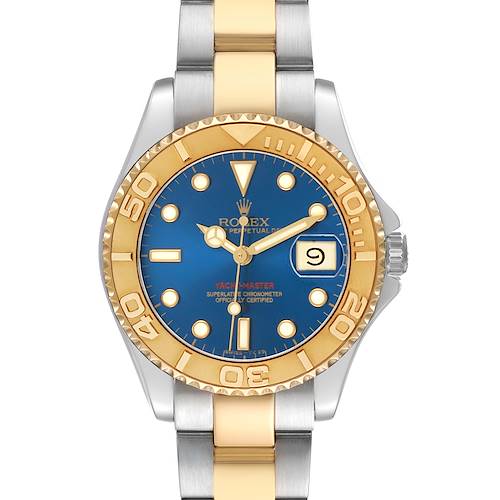 The image shows a frontal view of the Rolex Yacht-Master 68623 Men's Steel and Gold (two tone) Blue Dial watch, highlighting the dial, bezel, and bracelet.