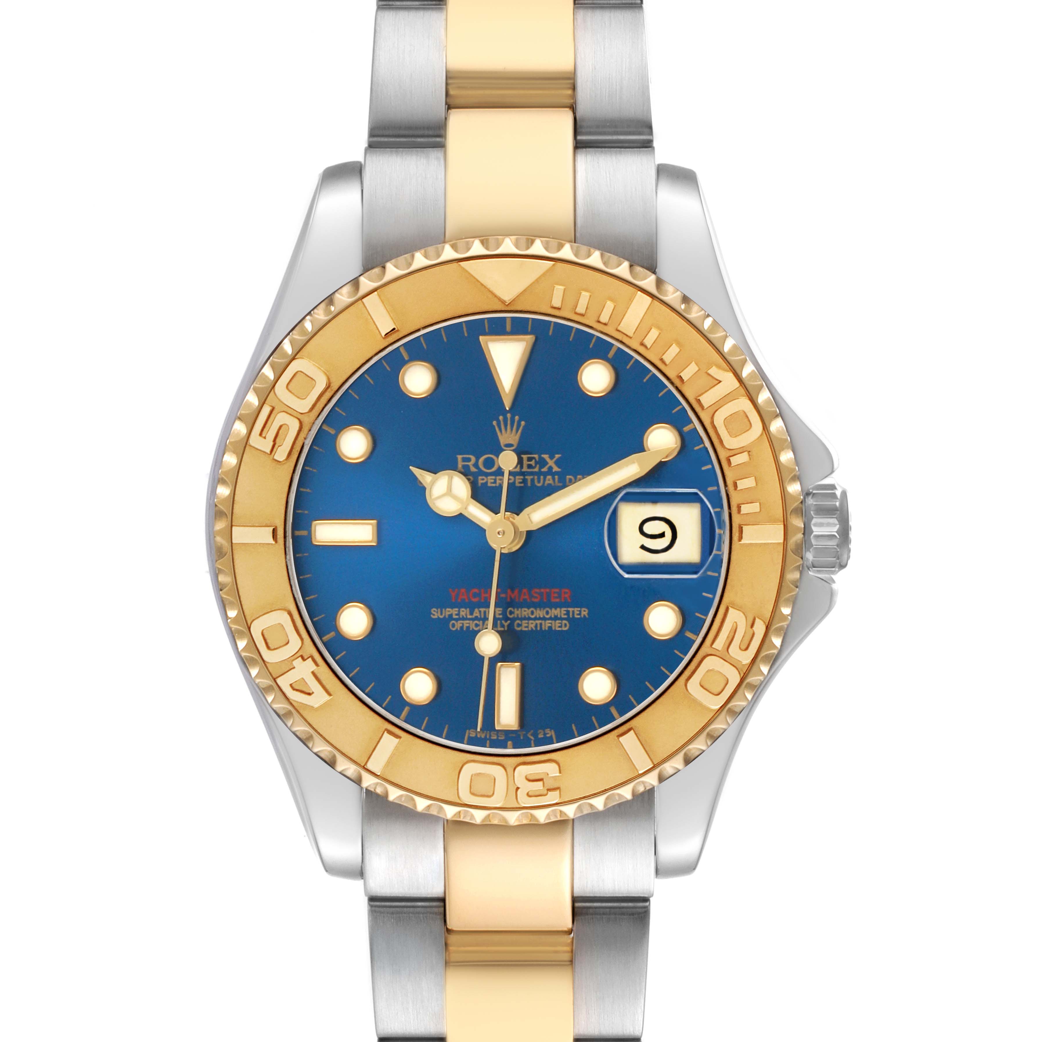 The Rolex Yacht-Master 68623 Men's Steel and Gold (two tone) Blue Dial watch is shown from the front, displaying the bezel, dial, hands, bracelet, and date feature clearly.