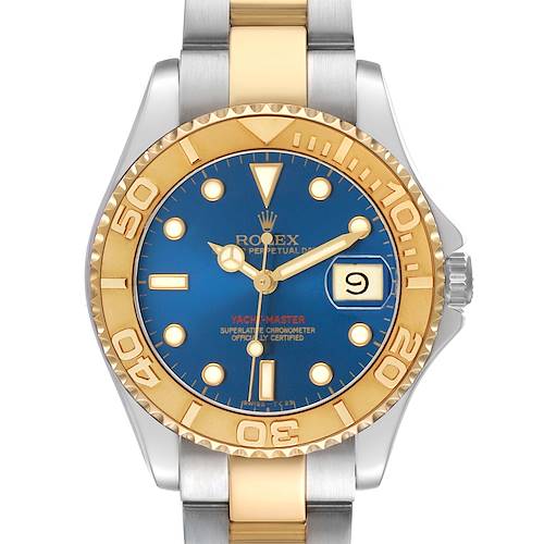The image shows a Rolex Yacht-Master 68623 Men's Steel and Gold (two tone) Blue Dial watch from the front, highlighting its blue dial, gold bezel, and two-tone bracelet.