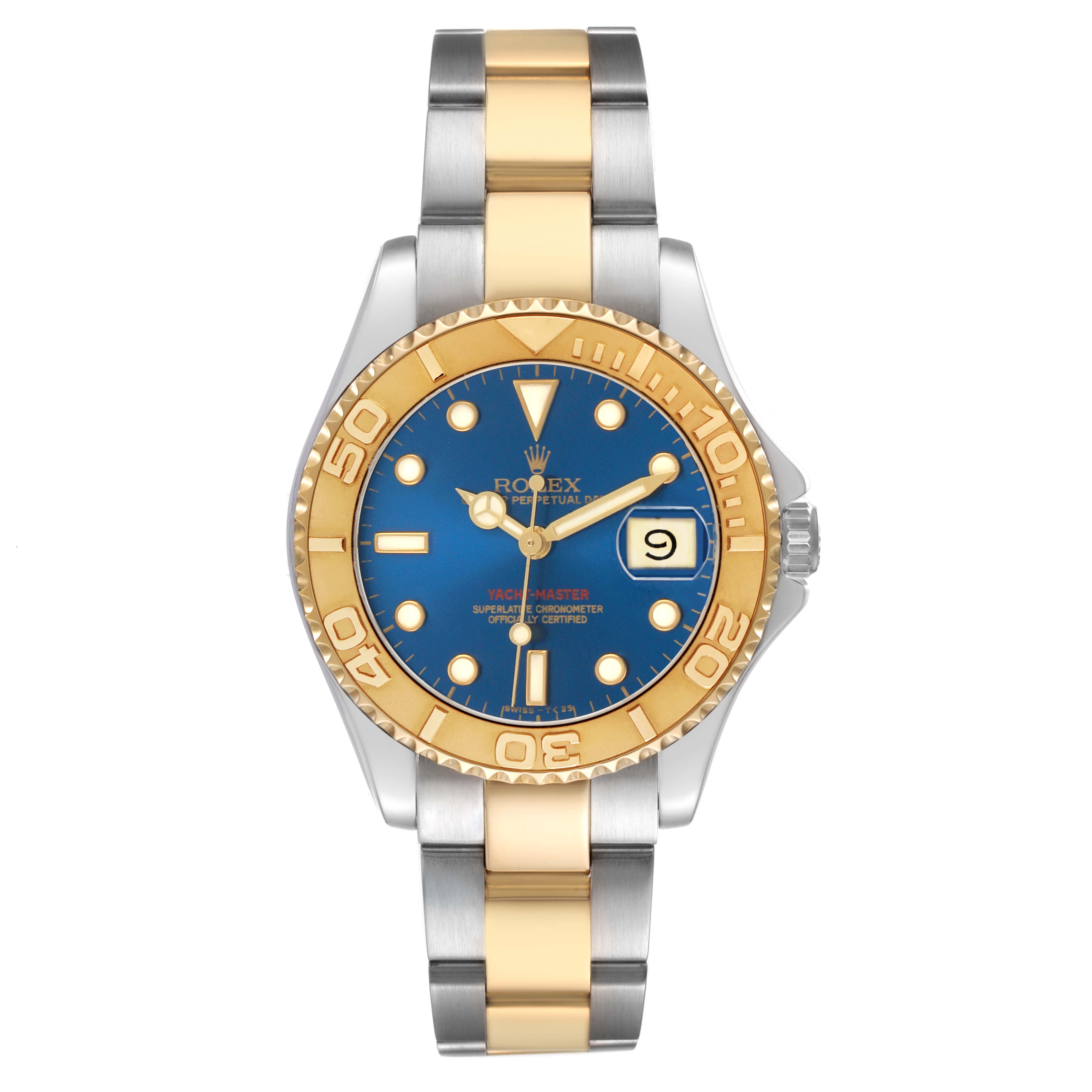 The Rolex Yacht-Master 68623 Men's Steel and Gold (two tone) Blue Dial watch is shown from the front, highlighting the blue dial, gold bezel, and two-tone bracelet.
