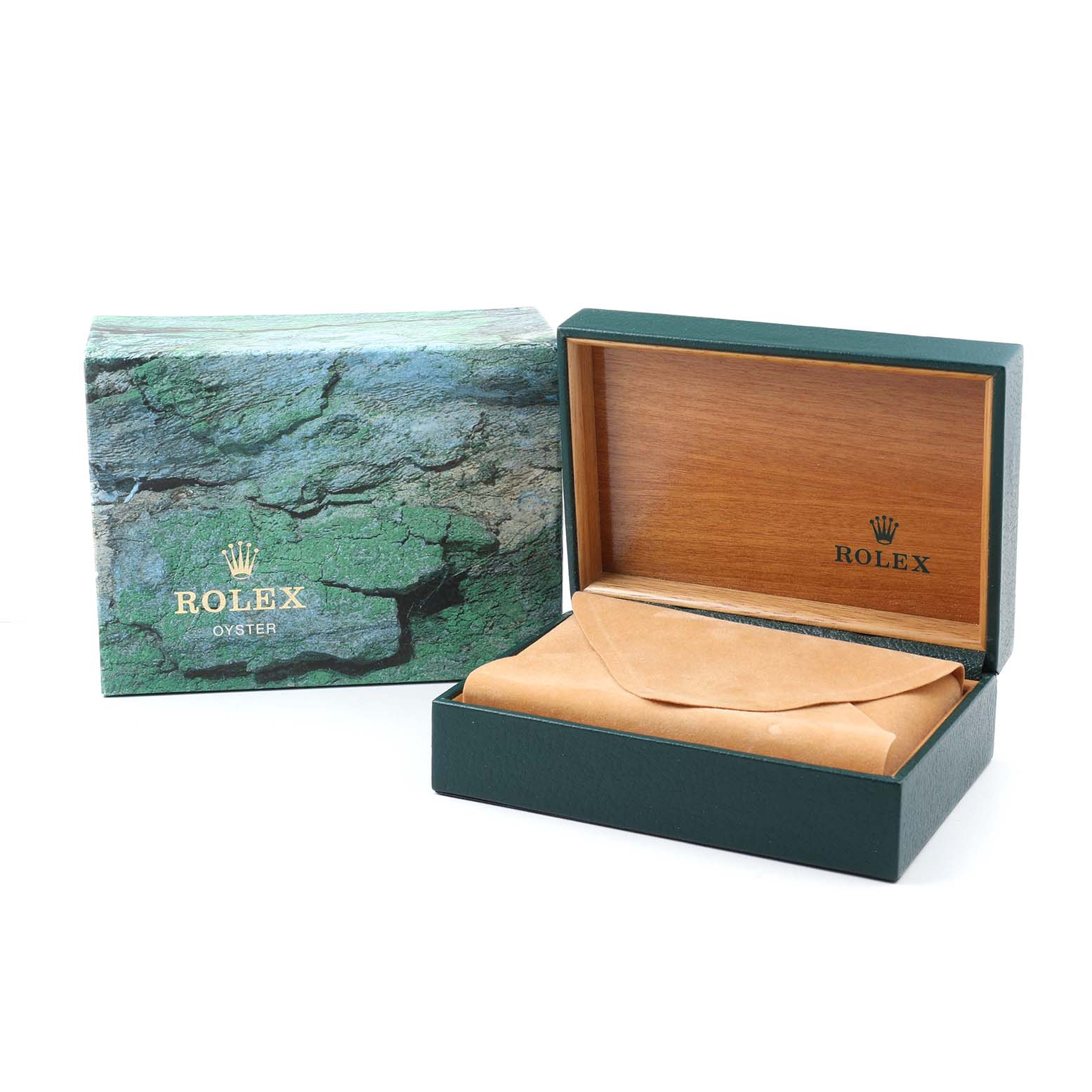 The image shows the packaging for a Rolex Yacht-Master 68623 Men's Steel and Gold (two tone) Blue Dial, including an opened green box with wooden interior and an outer box.