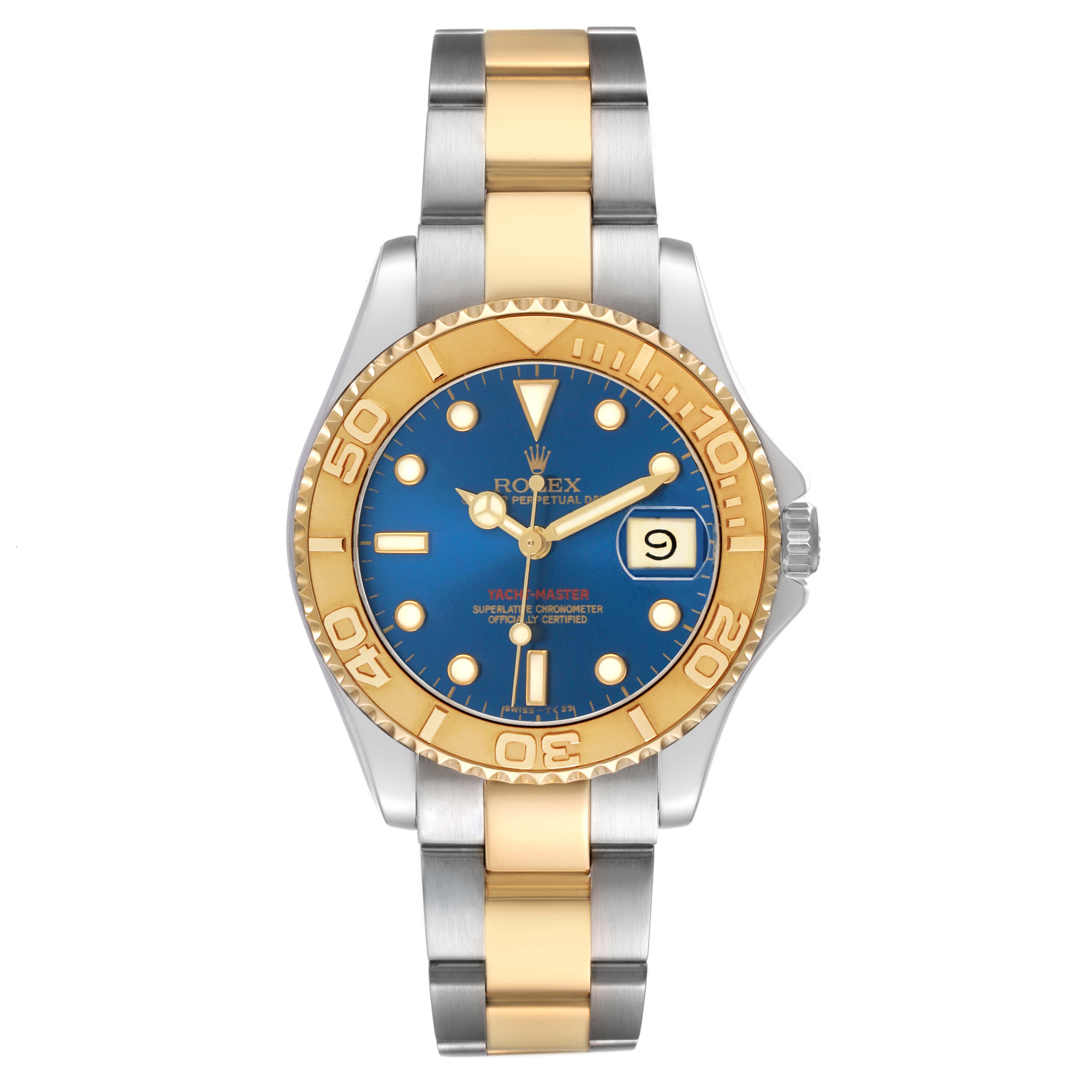 The Rolex Yacht-Master 68623 Men's Steel and Gold (two tone) Blue Dial watch is shown from a top view, displaying the gold bezel, blue dial, and two-tone bracelet.