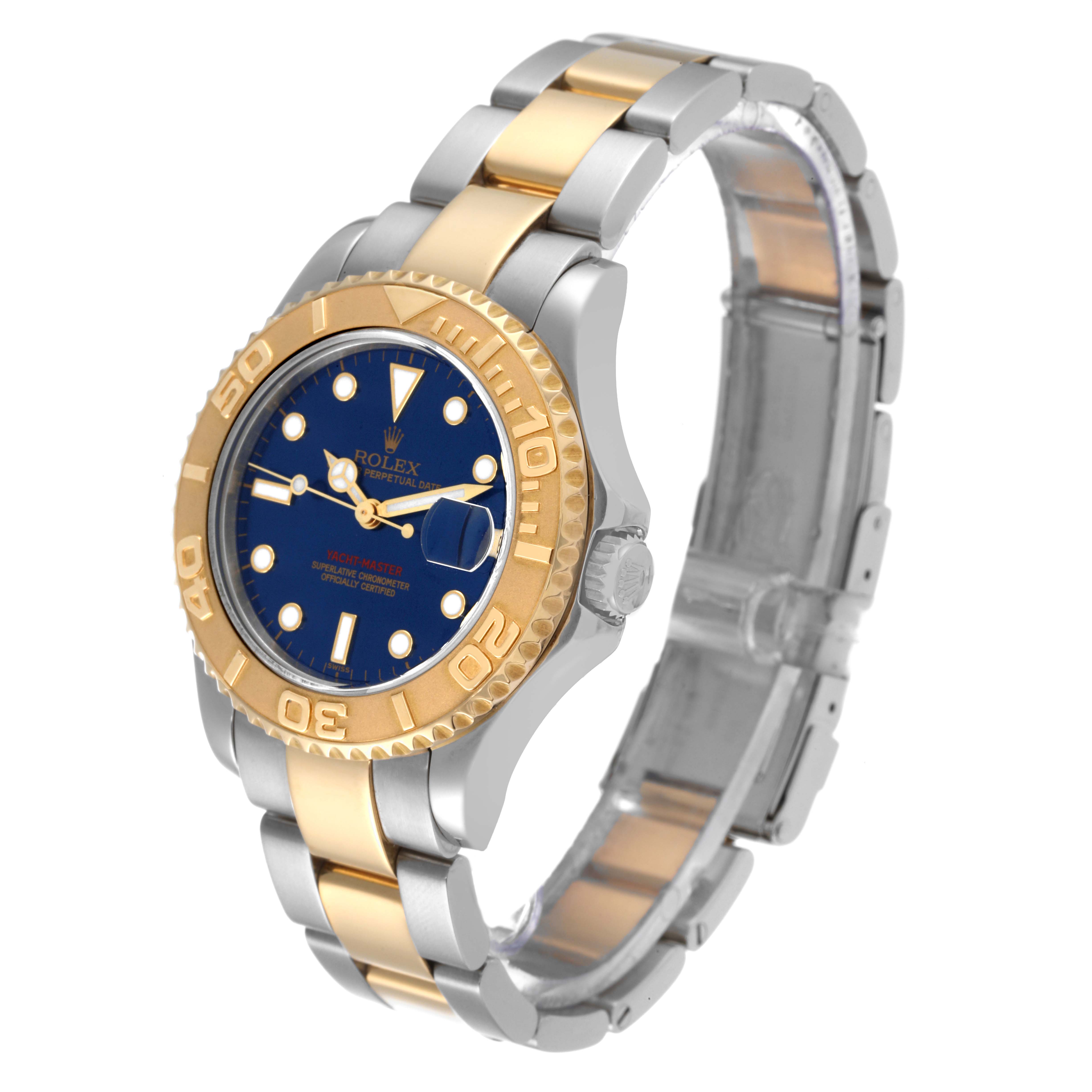 This Rolex Yacht-Master 168623 Men's Steel and Gold (two tone) Blue Dial 168623 Men's Steel and Gold (two tone) Blue Dial watch is shown in a three-quarter view, highlighting its blue dial, bezel, and two-tone bracelet.