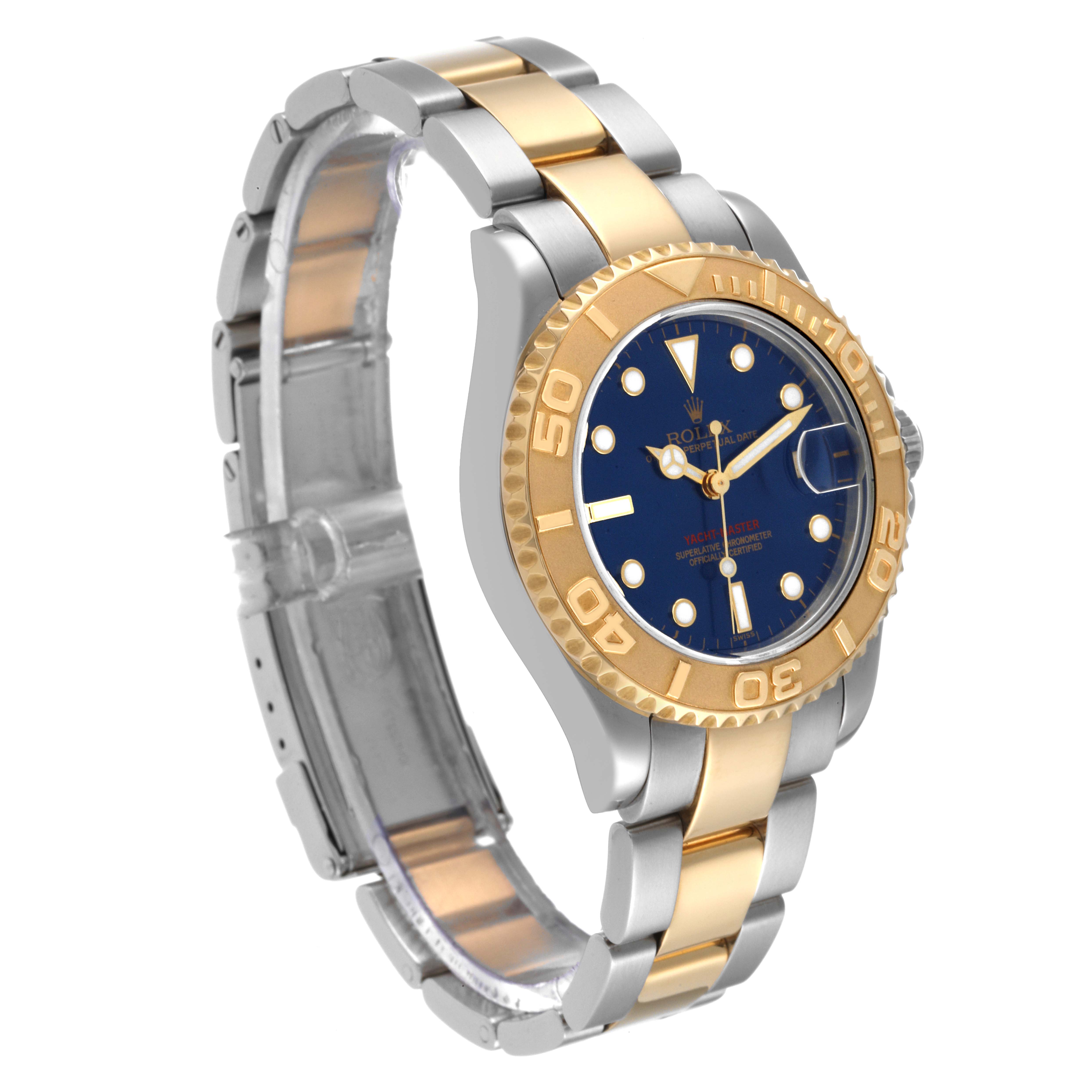This image shows a Rolex Yacht-Master 168623 Men's Steel and Gold (two tone) Blue Dial 168623 Men's Steel and Gold (two tone) Blue Dial watch at a slight angle, highlighting its two-tone bracelet, blue dial, and gold bezel.