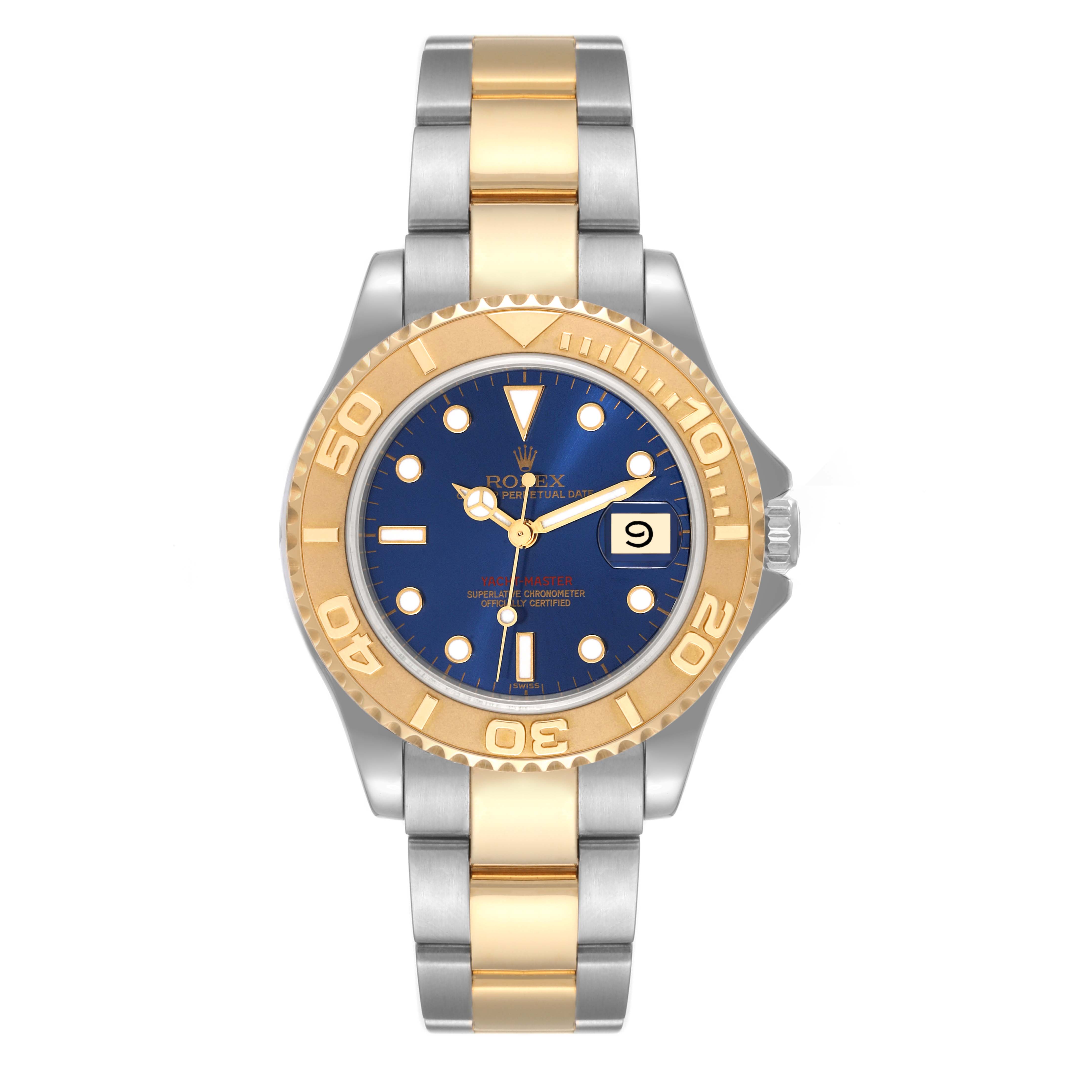 The Rolex Yacht-Master 168623 Men's Steel and Gold (two tone) Blue Dial 168623 Men's Steel and Gold (two tone) Blue Dial watch is shown from the front, displaying its bezel, dial, hands, date window, and bracelet.