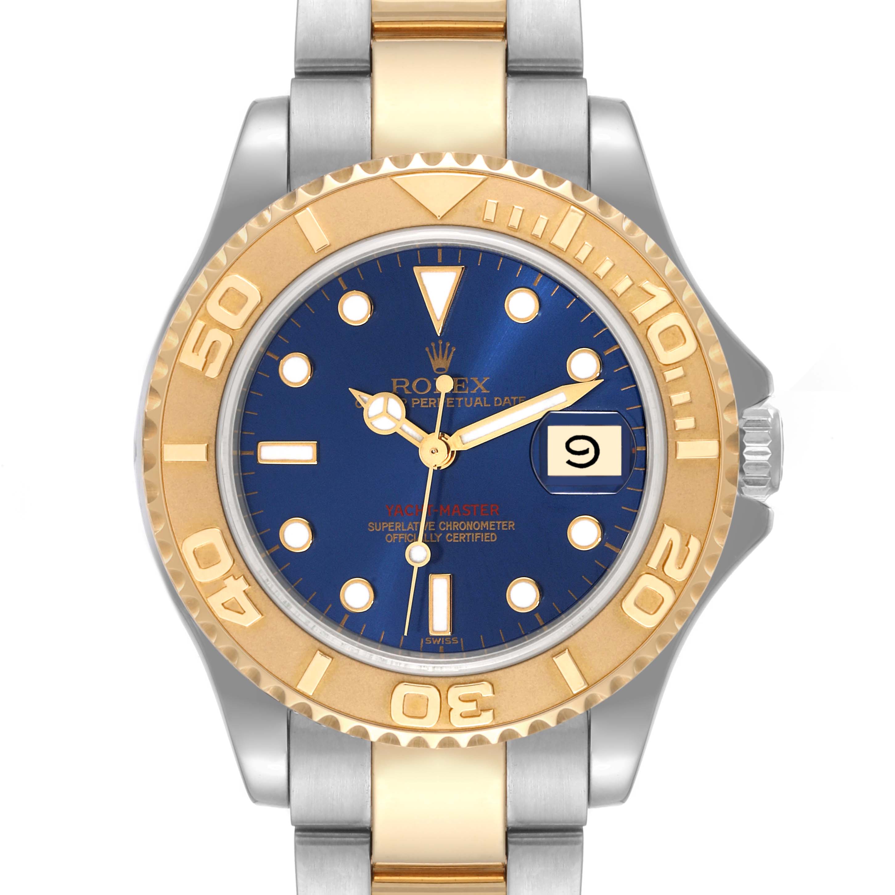 The Rolex Yacht-Master 168623 Men's Steel and Gold (two tone) Blue Dial 168623 Men's Steel and Gold (two tone) Blue Dial watch is shown from the front, displaying its dial, bezel, and part of the bracelet.