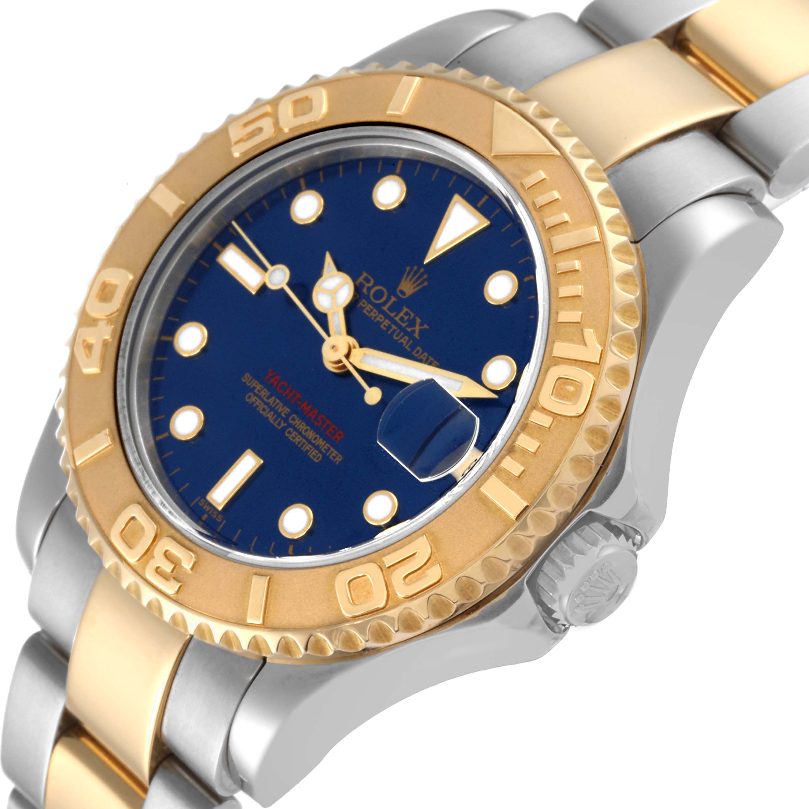 The image shows a side angle of the Rolex Yacht-Master 168623 Men's Steel and Gold (two tone) Blue Dial 168623 Men's Steel and Gold (two tone) Blue Dial watch, highlighting the bezel, dial, and part of the bracelet.