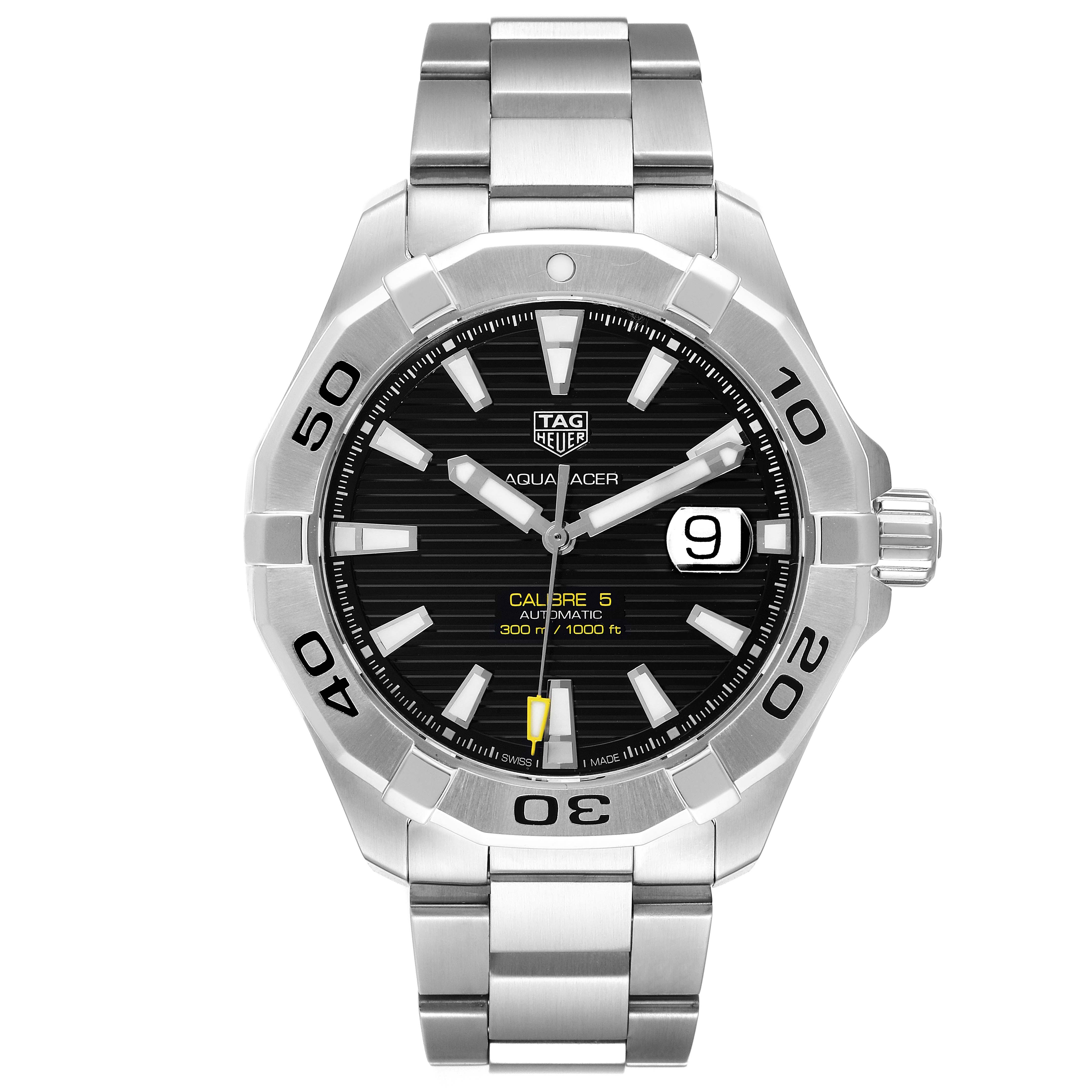 This image shows the front view of a Tag Heuer Aquaracer WAY2010.BA0927 Men's Stainless Steel Black Dial WAY2010.BA0927 Men's Stainless Steel Black Dial watch, highlighting the face, bezel, and bracelet.
